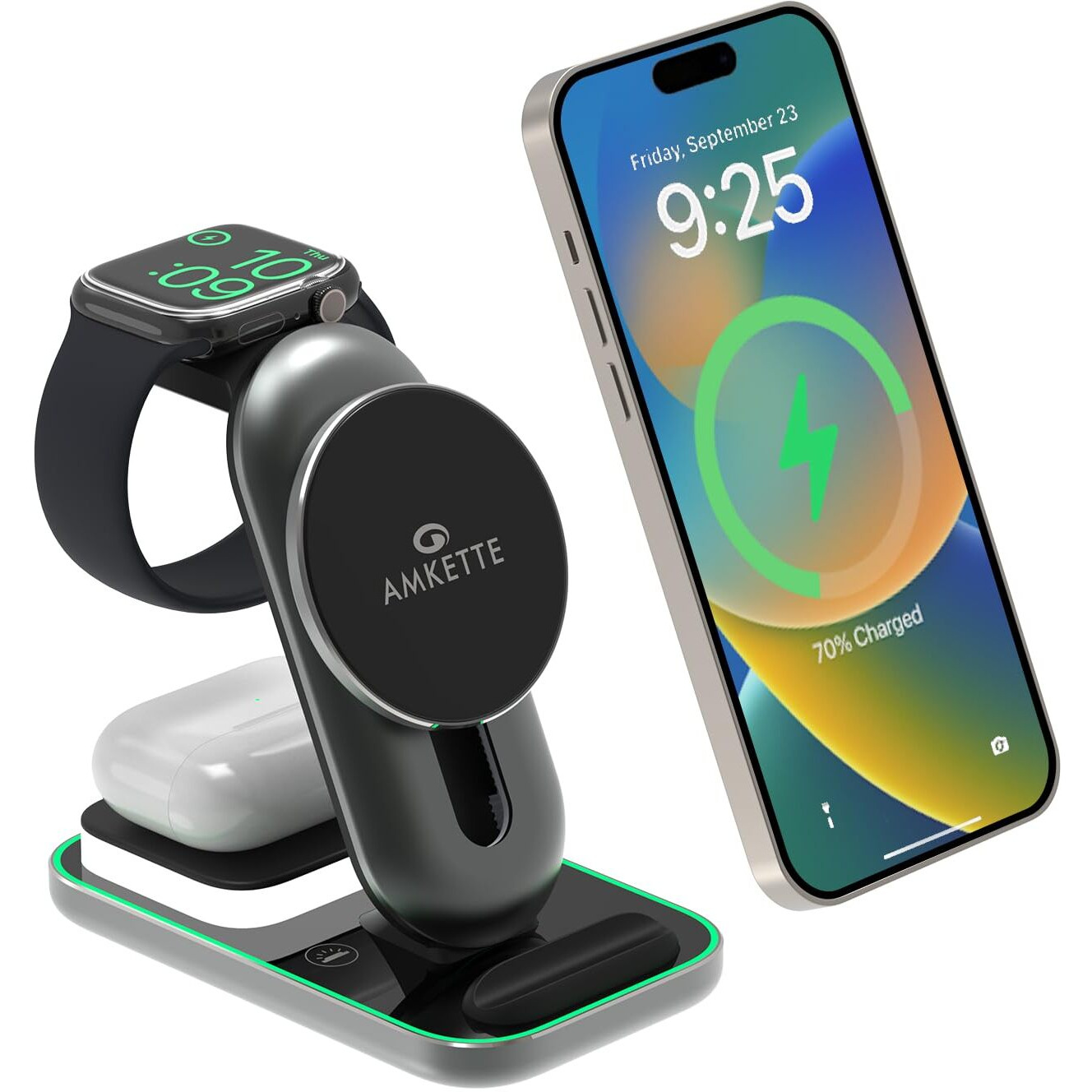 Amkette PowerPro Air 900 23W 3-in-1 MagSafe Wireless Charger for iPhone16, 16Plus, 16Pro, 16ProMax, 15, 14, 13, 12 Series | Airpods 4th, 3rd, 2nd gen/Pro, Pro2 | Apple Watch 10/9/8/7/6/5/4/ SE/Ultra