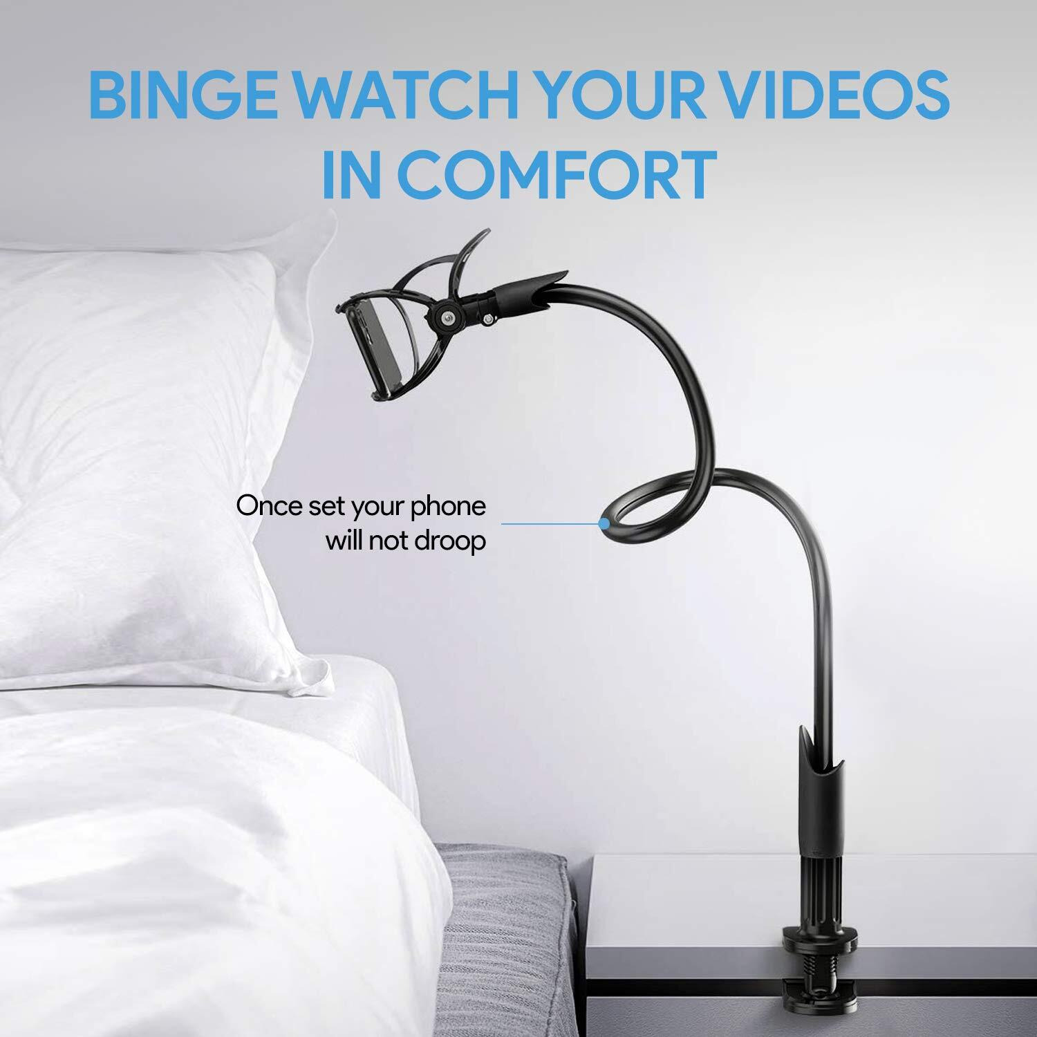 Amkette Flexi Phone Holder, Flexible Telescopic Long Arm Mount with 360 Degree Rotatable Clamp Compatible with All Smartphones Upto 17.27cm (6.8 Inches) (Black)