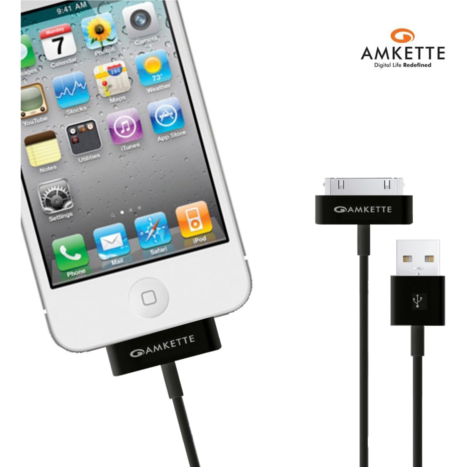 Amkette 30 Pin to USB Charging & Data Sync Cable for iPhone 3G/3GS/4/4s/iPad 1/2/3, iPod Nano 5th/6th Gen and iPod Touch 3rd/4th Gen -1.5m (Black)
