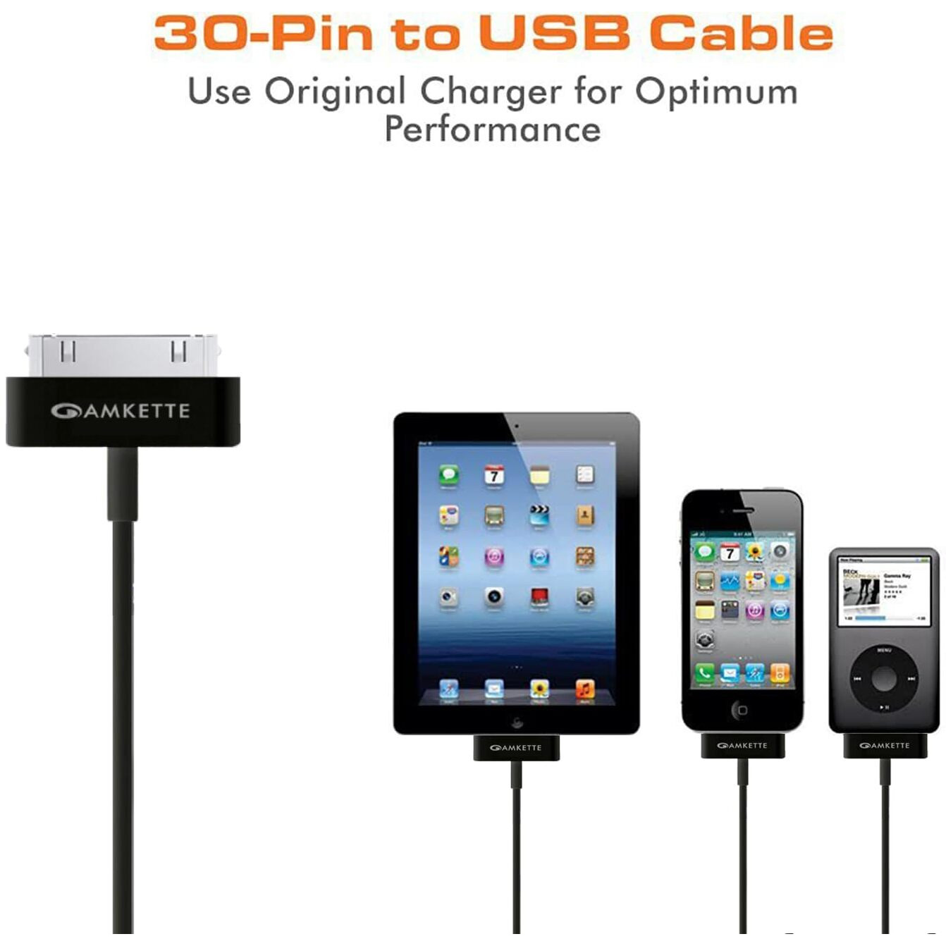 Amkette 30 Pin to USB Charging & Data Sync Cable for iPhone 3G/3GS/4/4s/iPad 1/2/3, iPod Nano 5th/6th Gen and iPod Touch 3rd/4th Gen -1.5m (Black)