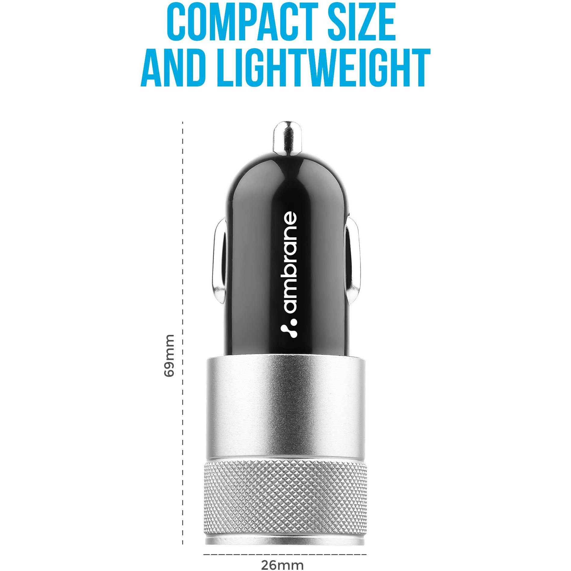 Ambrane 12W Fast Car Charger, Dual USB Output, Multi-Layer Protection, Fast Charging, Compatible with All Cars, Without Cable for All Mobiles & Other USB Enabled Devices (ACC74, Black & Silver)