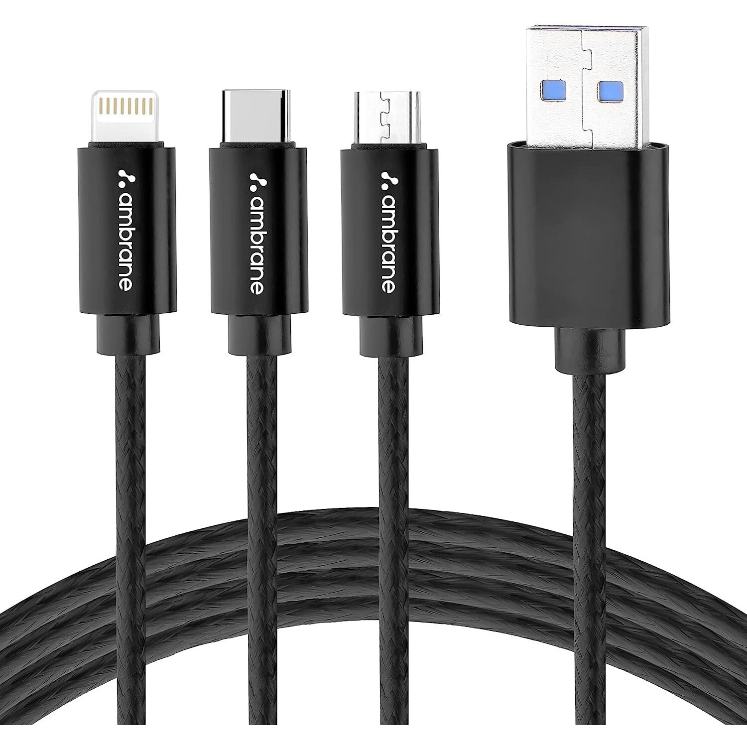 Ambrane Unbreakable 3 in 1 USB Fast Charging Cable with Type C, Lightning, Micro USB Port with 2.1 A, Compatible with iPhone, iPad, Samsung, OnePlus, Mi, Oppo, Vivo, Xiaomi, 1.25M (Trio-11, Black)