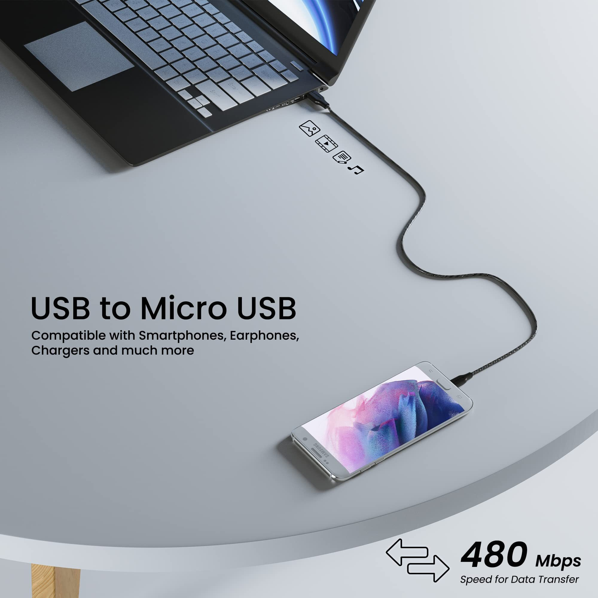 Ambrane Unbreakable 60W / 3A Fast Charging 1.5m Braided Micro USB Cable for Smartphones, Tablets, Laptops & Other Micro USB Devices, 480Mbps Data Sync, Quick Charge 3.0 (RCM15, Black)