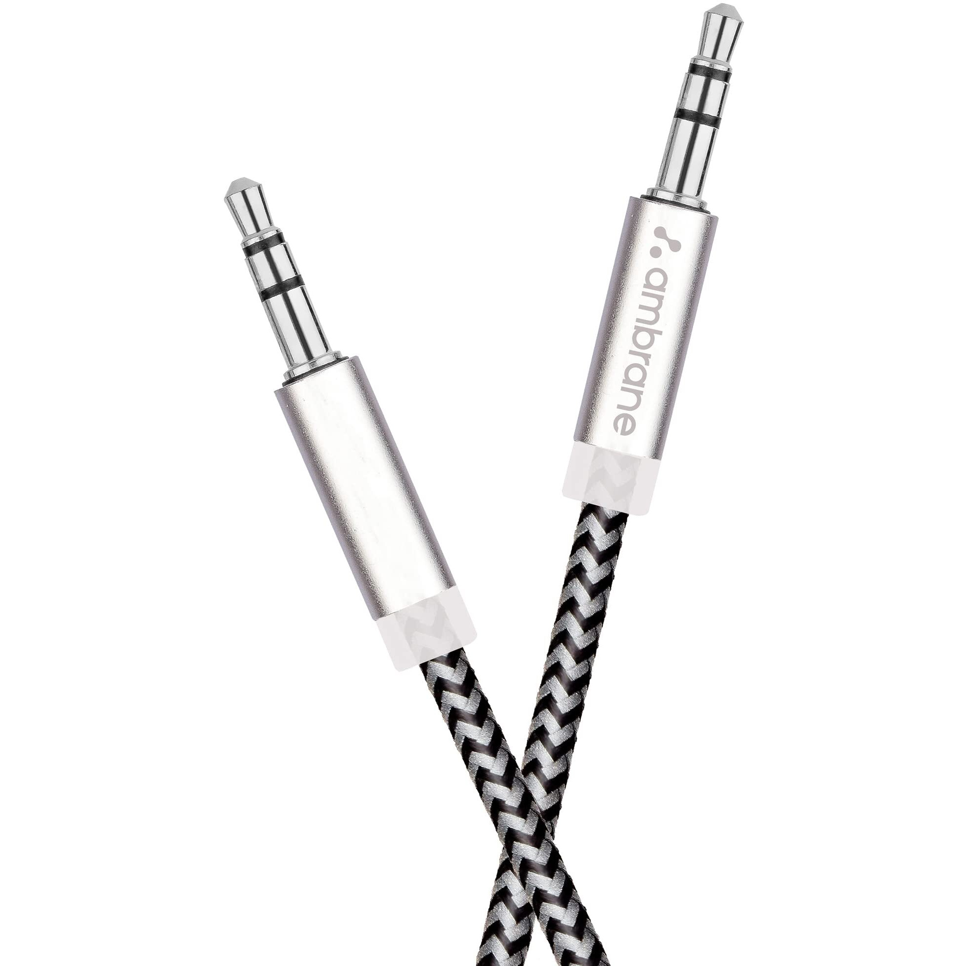 Ambrane Unbreakable 3.5mm Male to Male AUX Stereo Audio Cable for Smartphone, 1.5 Meter (5 Feet) - (ABCAX-10, Black & Grey)