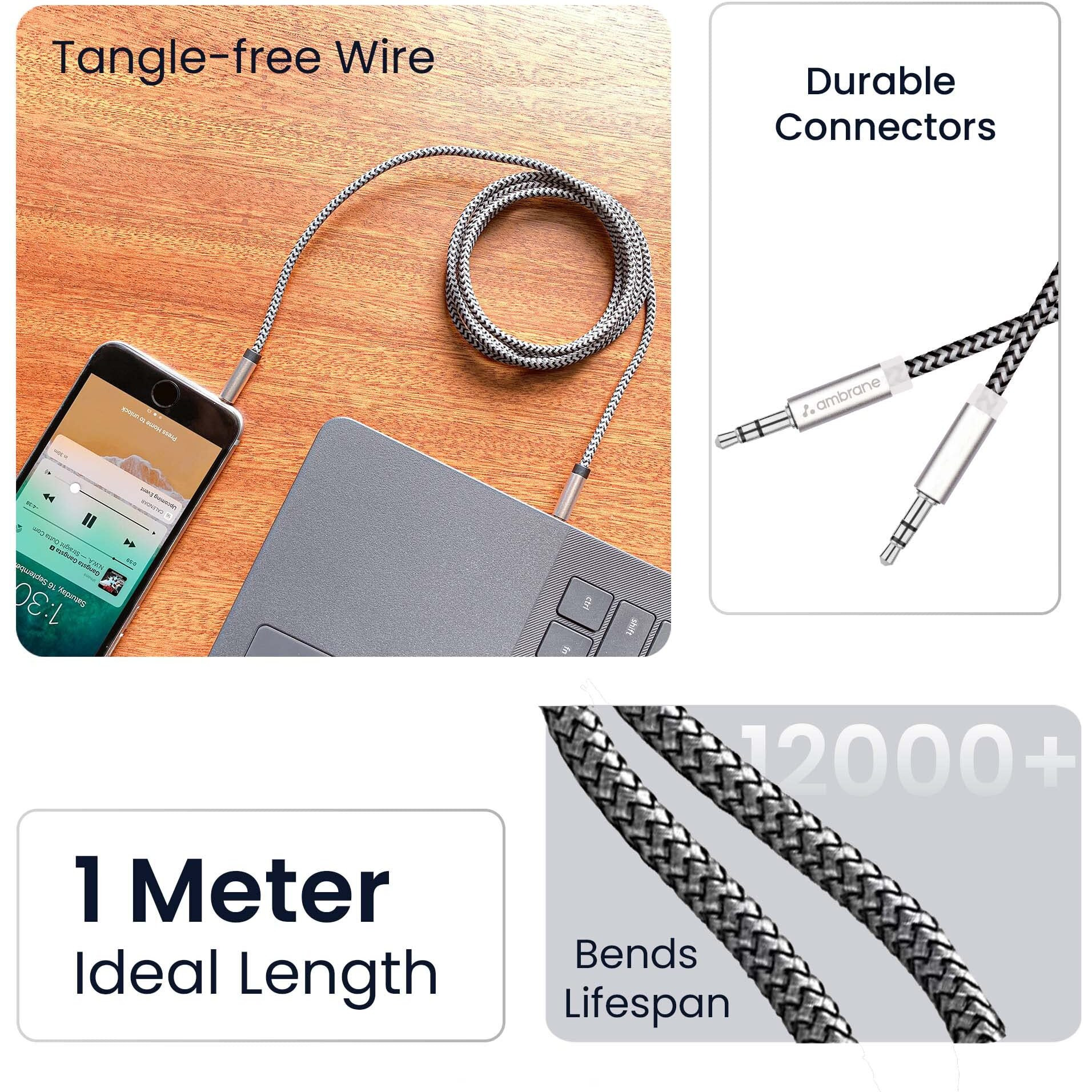 Ambrane Unbreakable 3.5mm Male to Male AUX Stereo Audio Cable for Smartphone, 1.5 Meter (5 Feet) - (ABCAX-10, Black & Grey)