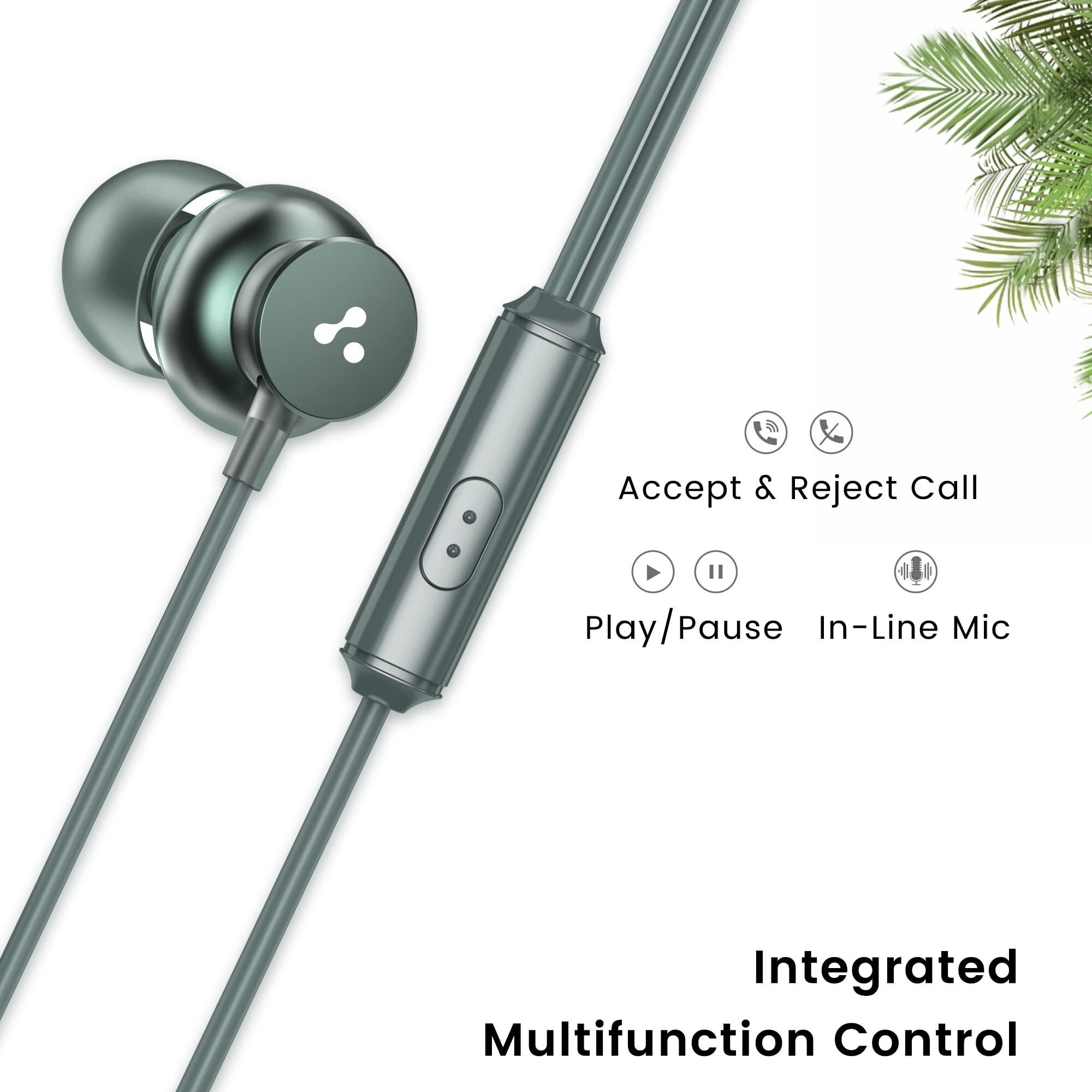 Ambrane Stringz 38 Wired Earphones with Mic, Powerful HD Sound with High Bass, Tangle Free Cable, Comfort in-Ear Fit, 3.5mm Jack (Green), Normal