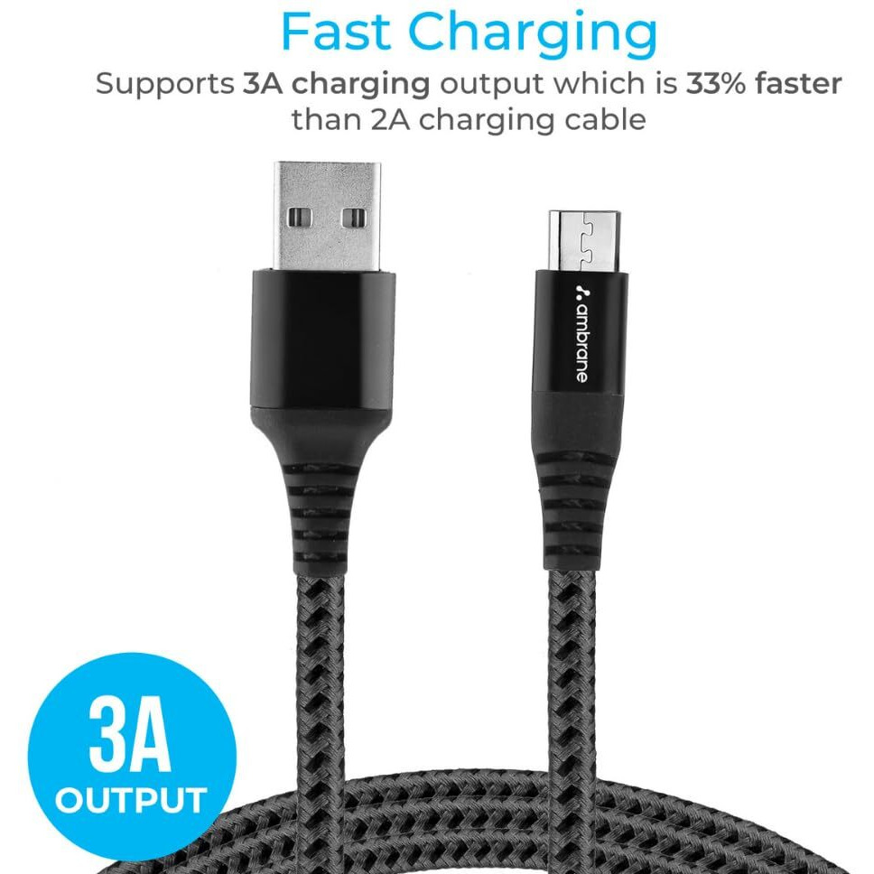 Ambrane Micro USB Cable 3A Fast Charging 1M Braided Cable for Smartphones, Tablets, Laptops & other Micro USB devices, 480Mbps Data Sync, Quick Charge 3.0 (RCM 10, Black)