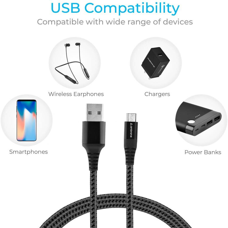 Ambrane Micro USB Cable 3A Fast Charging 1M Braided Cable for Smartphones, Tablets, Laptops & other Micro USB devices, 480Mbps Data Sync, Quick Charge 3.0 (RCM 10, Black)