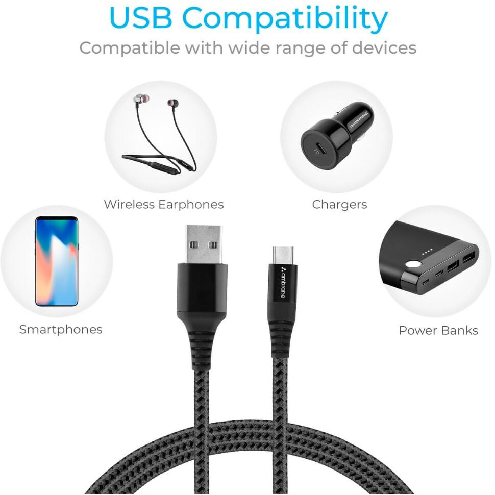 Ambrane Type C Cable 3A Fast Charging 1M Braided Cable for Smartphones, Tablets, Laptops & other Type C devices, 480Mbps Data Sync, Quick Charge 3.0 (RCT 10, Black)
