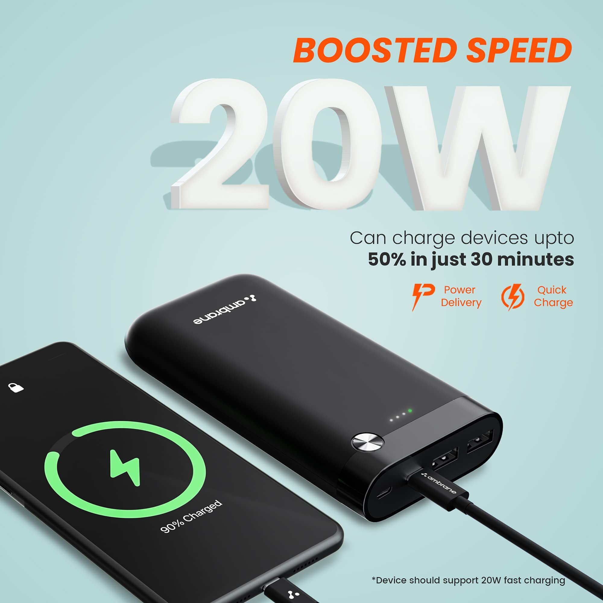 Ambrane 20000mAh Powerbank, 20W Fast Charging, Triple Output (2 USB & 1 Type C), Power Delivery, Quick Charge for iPhone, Android & Other Devices, Made in India + Type C Cable (PP-20 Pro, Black)