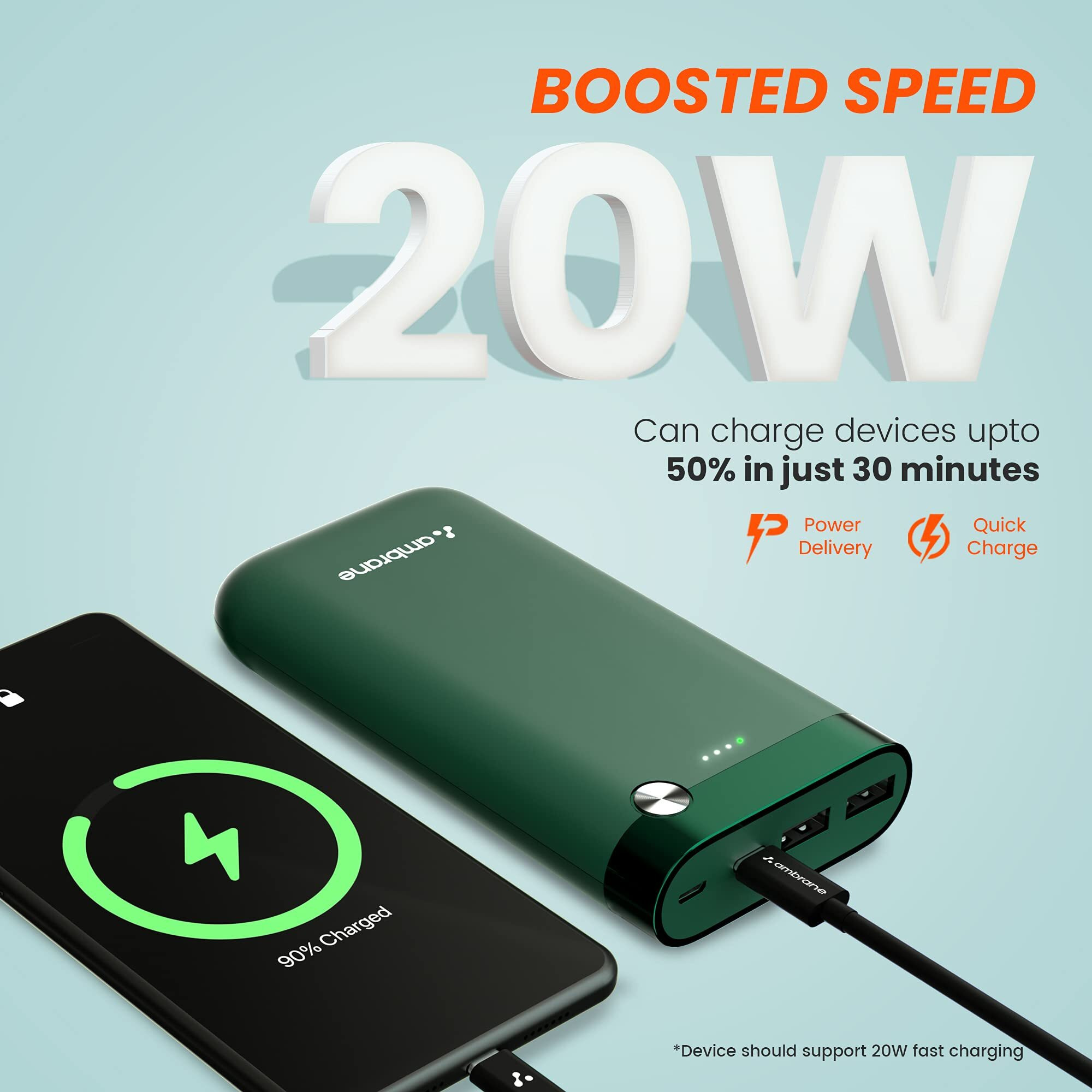 Ambrane 20000mAh Powerbank, 20W Fast Charging, Triple Output (2 USB & 1 Type C), Power Delivery, Quick Charge for iPhone, Android & Other Devices, Made in India + Type C Cable (PP-20 Pro, Green)