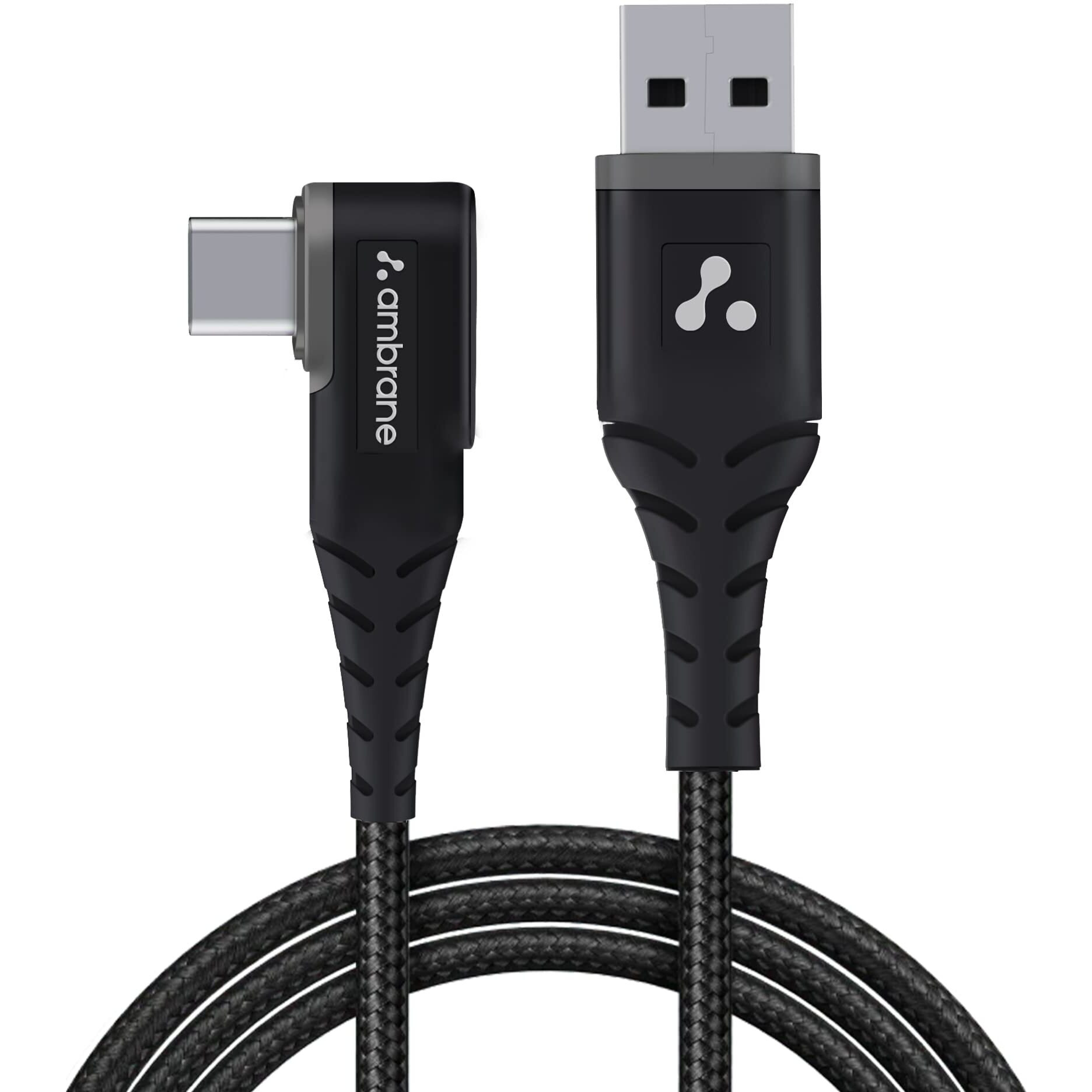 Ambrane Type C Mobile Charging Cable 3A Fast Charging, 1 Meter, L Shaped Braided Cable, 480Mbps Data Transfer for Smartphones, Tablets, Laptops & Other Type C Devices (ABLC10, Black)