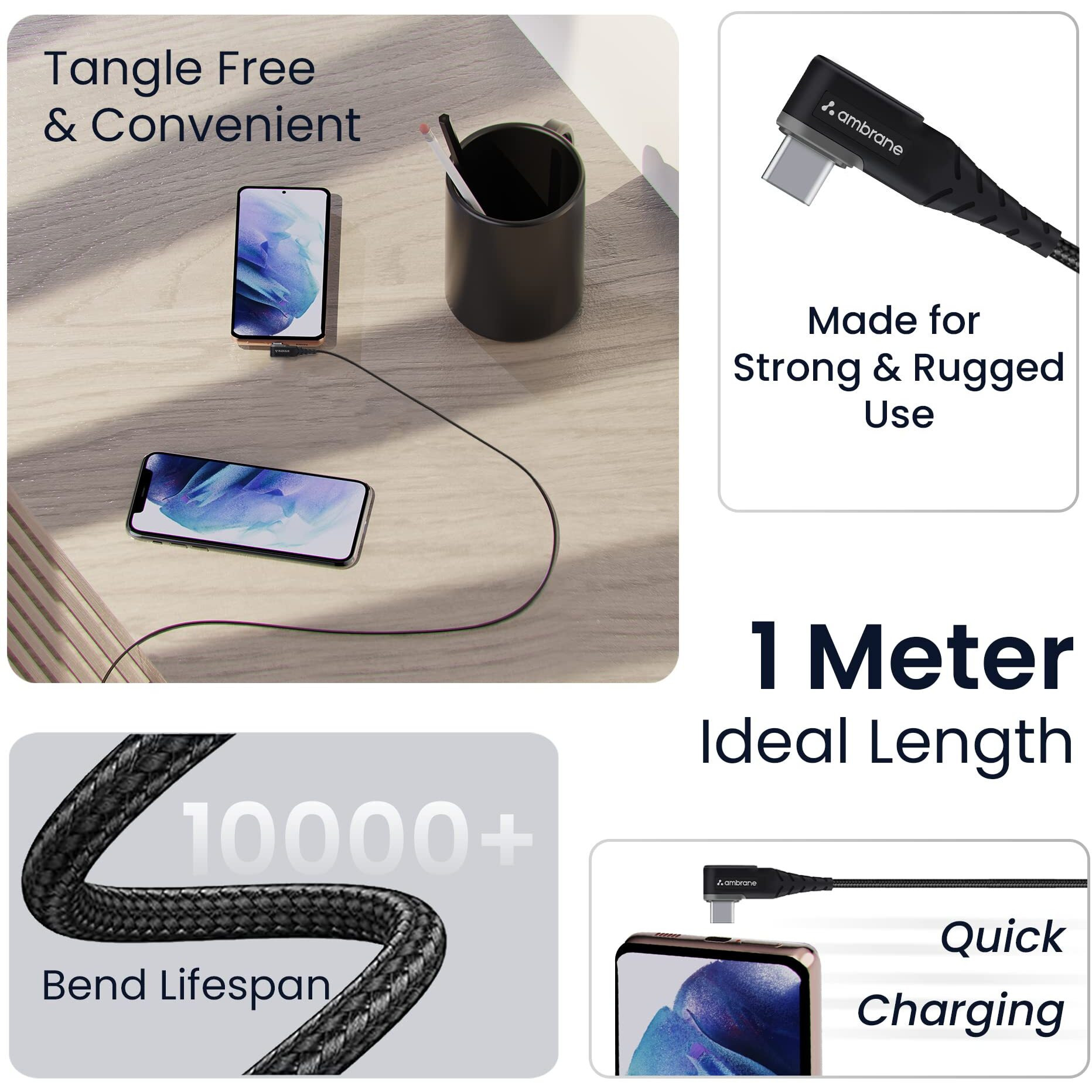 Ambrane Type C Mobile Charging Cable 3A Fast Charging, 1 Meter, L Shaped Braided Cable, 480Mbps Data Transfer for Smartphones, Tablets, Laptops & Other Type C Devices (ABLC10, Black)