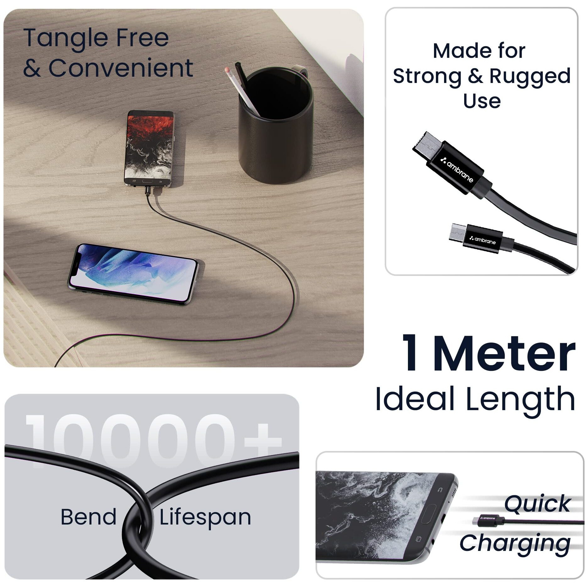 Ambrane 2.4A Fast Charging Output Cable with Micro to USB for Mobile, Neckband, True Wireless Earphone Charging, 480mbps Data Sync Speed, 1m Length (ACM - AZ1, Black)