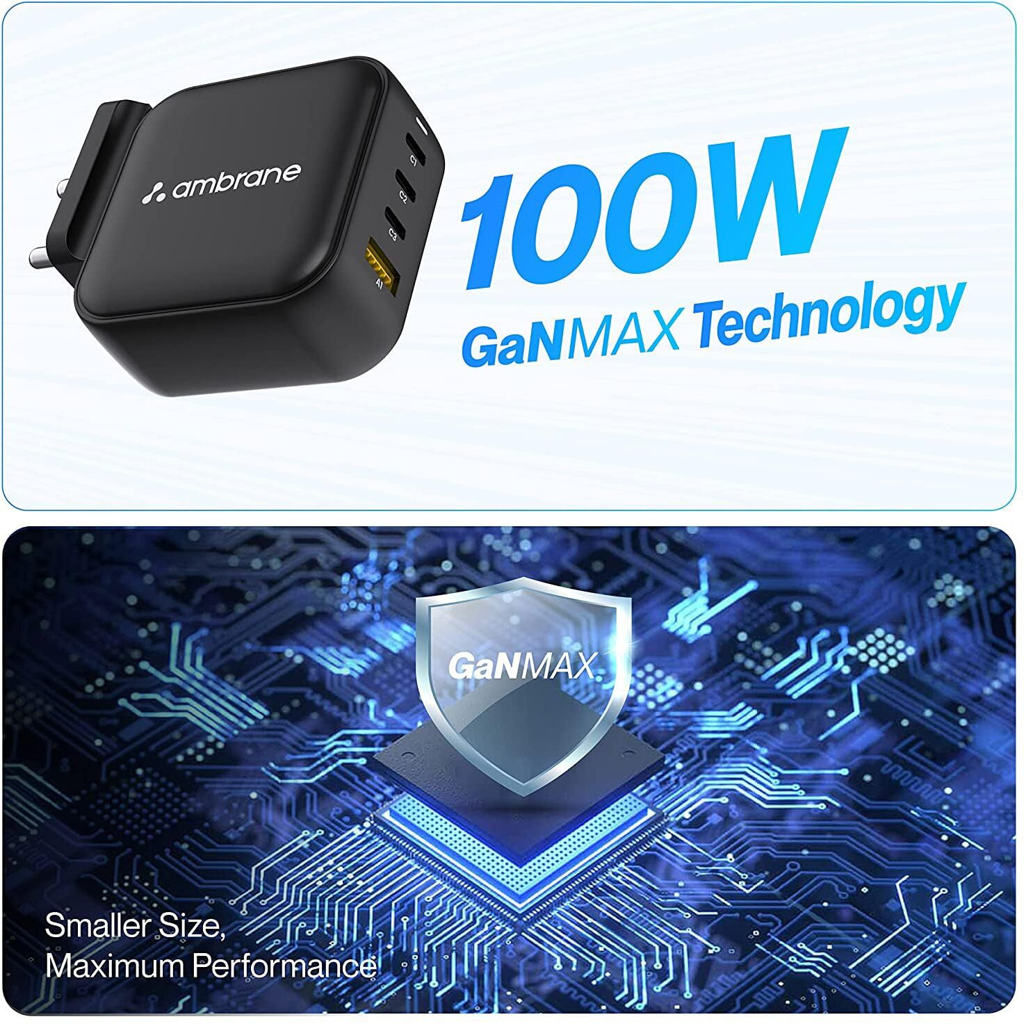 Ambrane 100W Charger Adapter, 4 Ports - 3 Type C & 1 USB for iPhone & Android, MacBook & Type C Laptop, Fast Charger with PD Technology & GaN Technology, for All Types of Devices (RAAP H100, Black)