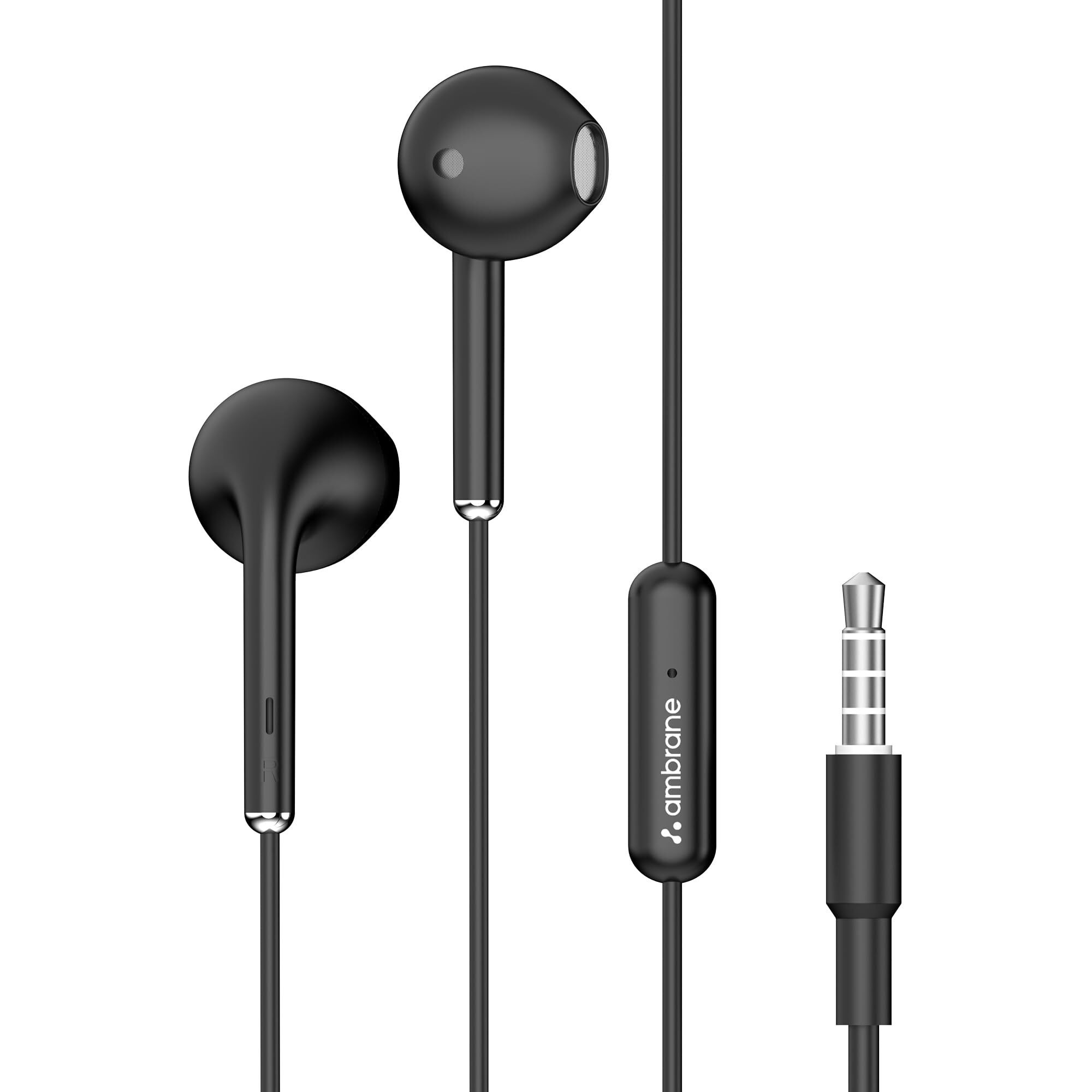 Ambrane Wired in Earphones with in-line Mic for Clear Calling, 14mm Dynamic Drivers for BoostedBass, 3.5mm Jack, Multi-Functional Controller (Stringz 38 Lite, Black)