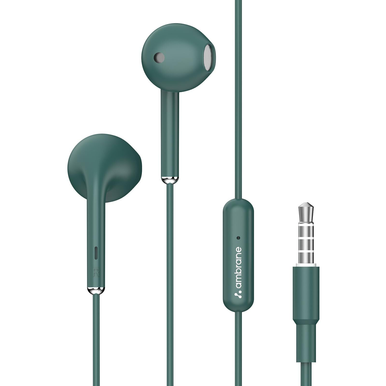Ambrane Wired in Ear Earphones with in-line Mic for Clear Calling, 14mm Dynamic Drivers for BoostedBass, 3.5mm Jack, Multi-Functional Controller (Stringz 38 Lite, Green)