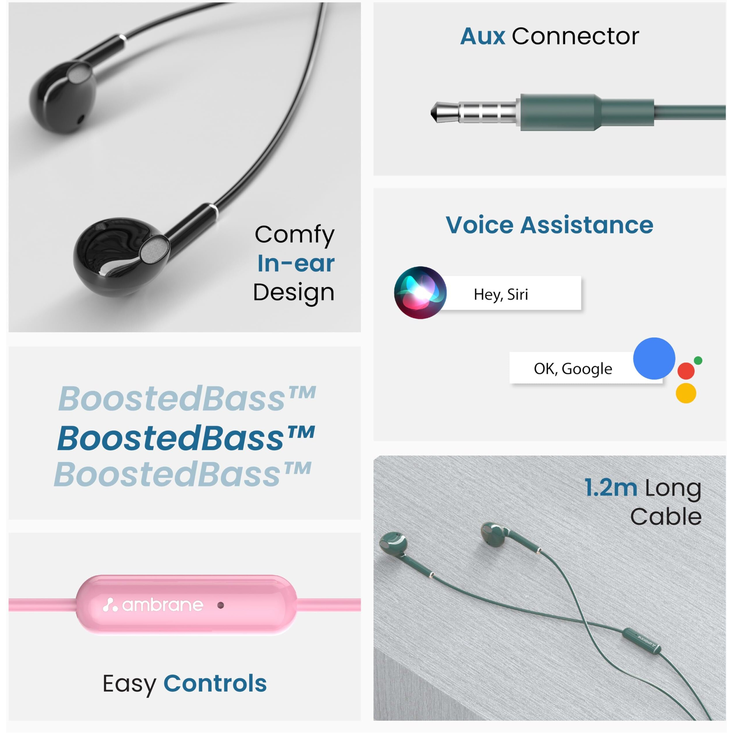 Ambrane Wired in Ear Earphones with in-line Mic for Clear Calling, 14mm Dynamic Drivers for BoostedBass, 3.5mm Jack, Multi-Functional Controller (Stringz 38 Lite, Green)