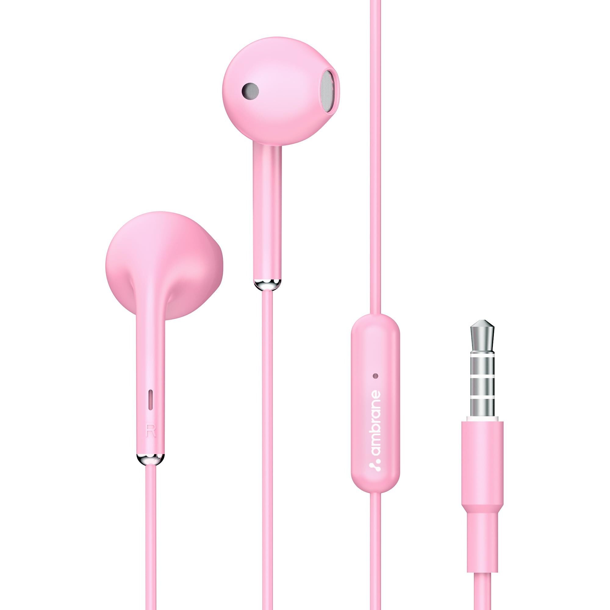Ambrane Wired in Ear Earphones with in-line Mic for Clear Calling, 14mm Dynamic Drivers for BoostedBass, 3.5mm Jack, Multi-Functional Controller (Stringz 38 Lite, Pink)