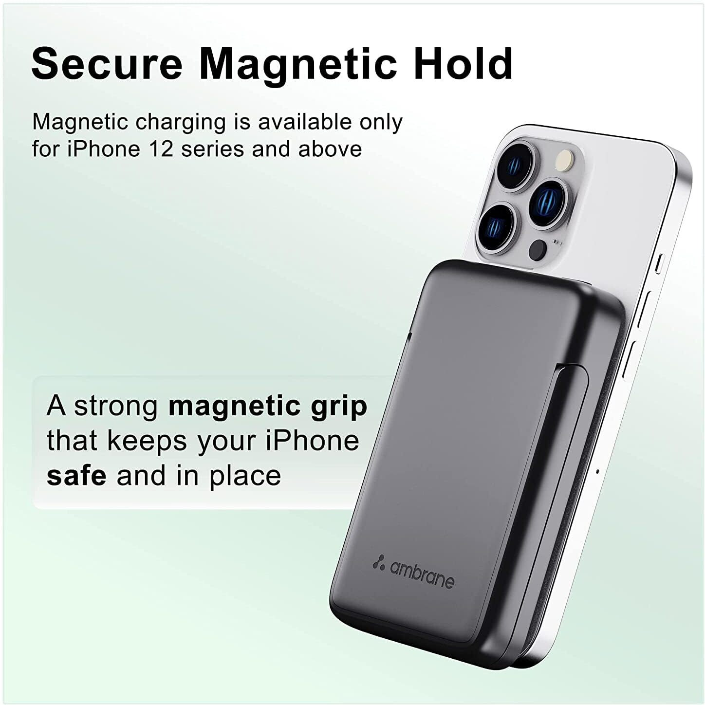 Ambrane 10000mAh Magnetic Wireless Power Bank with Stand, 15W Wireless Fast Charging, Compact 22.5W PD Wired Charger, Compatible with iPhone 12/13/14/15 & Other Wireless Devices (Aerosync PB10,Black)