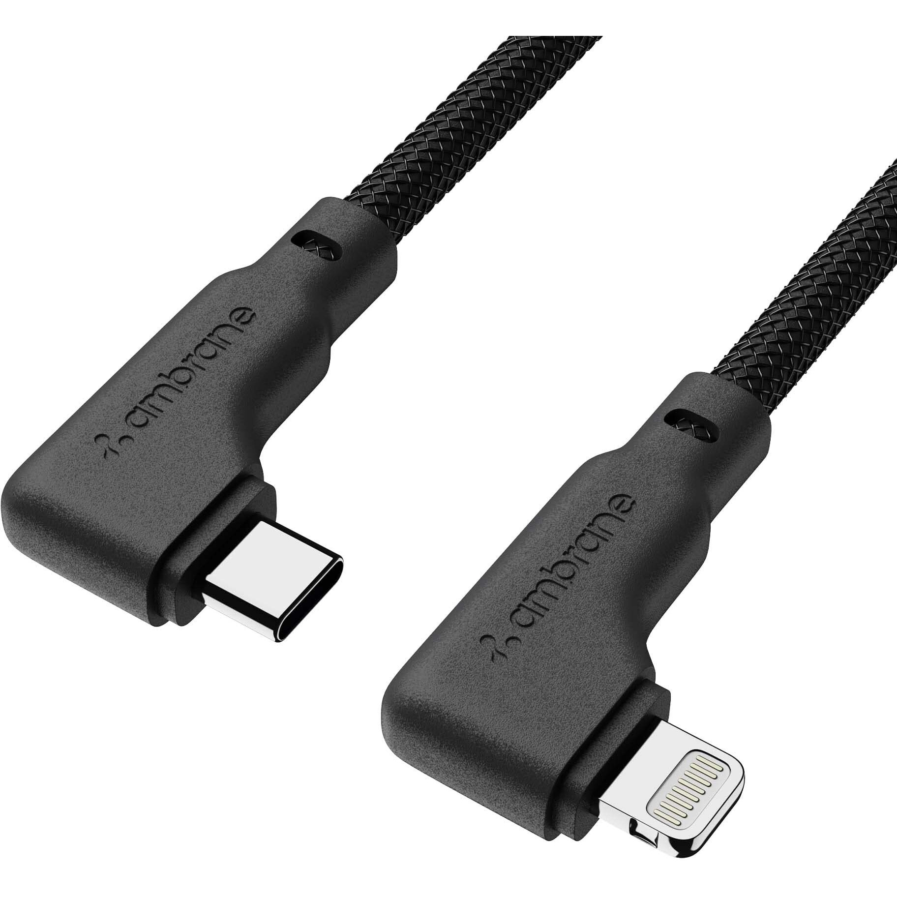 Ambrane Type-C To Lightning Cable, 22.5W Fast Charging, L Shape for Easy Holding, 480Mbps Data Sync, PD Technology, Braided Cable for iPhone, iPad, Macbook, iMac and Airpods - 1.2m (ABLTLS-12 Black)