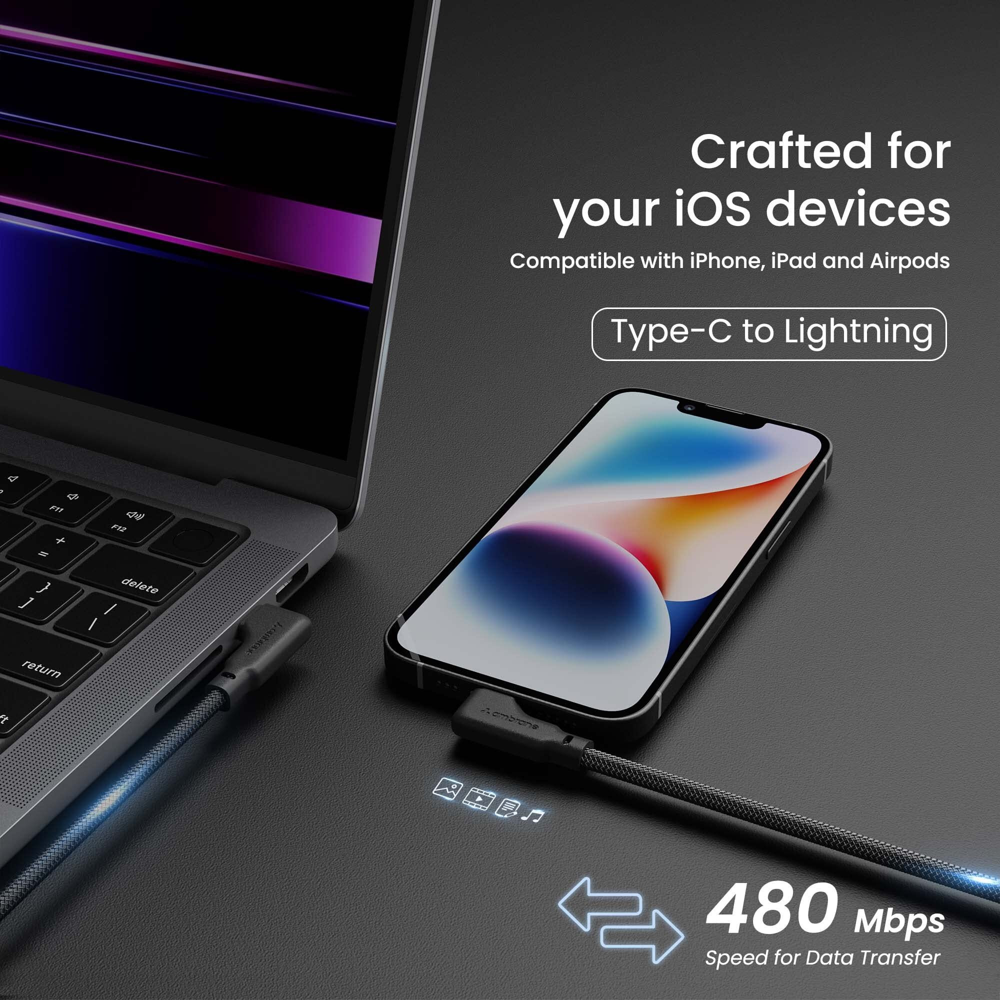 Ambrane Type-C To Lightning Cable, 22.5W Fast Charging, L Shape for Easy Holding, 480Mbps Data Sync, PD Technology, Braided Cable for iPhone, iPad, Macbook, iMac and Airpods - 1.2m (ABLTLS-12 Black)