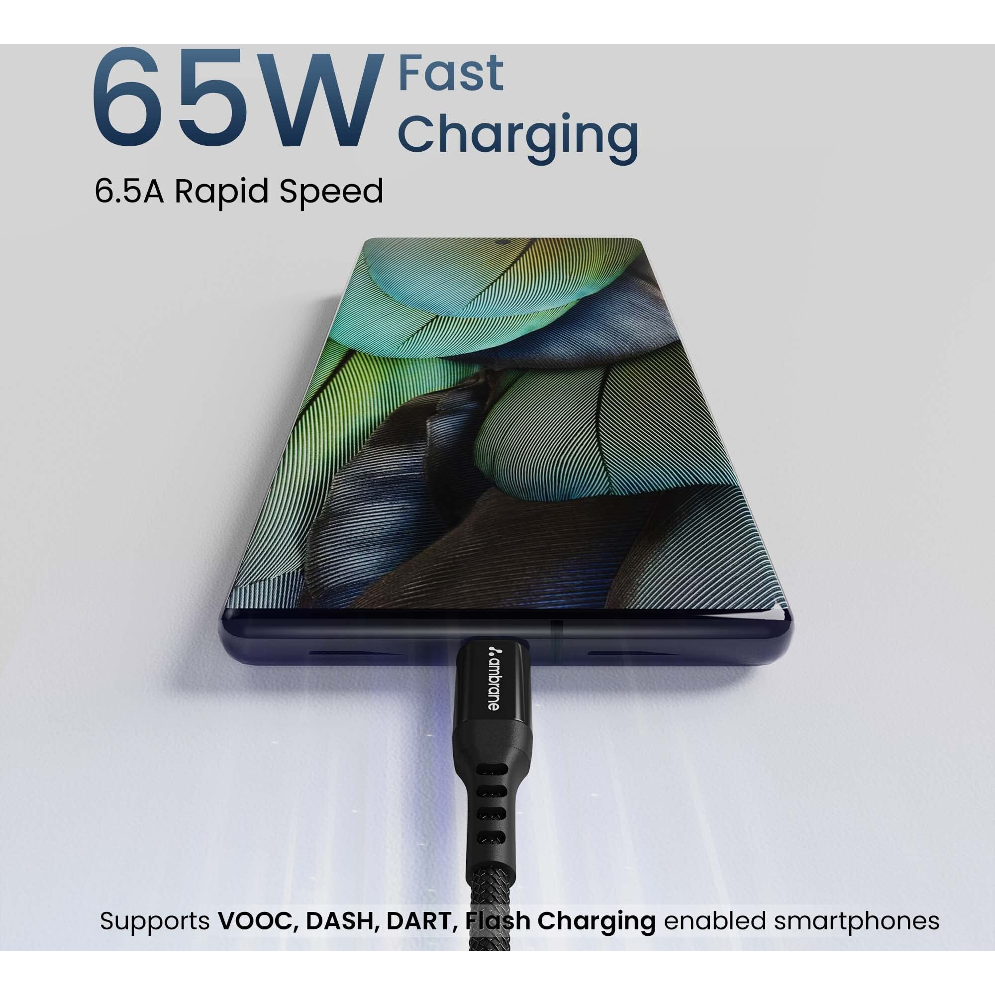 Ambrane Ultra Fast Type C Charging Cable, 65W VOOC Technology, Perfectly Compatible with Samsung, Mi, Realme, Oppo, Vivo, OnePlus, Nothing Devices, 480Mbps Data Sync, Braided, 1.2 M (ABCVS-12 Black)