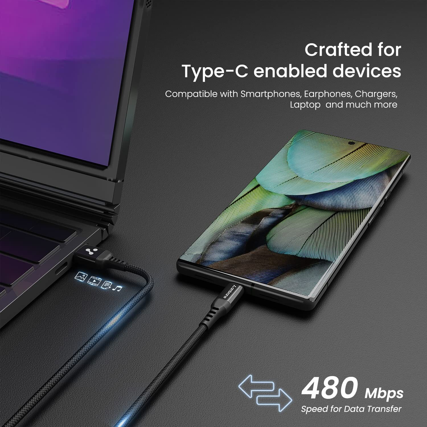 Ambrane Ultra Fast Type C Charging Cable, 65W VOOC Technology, Perfectly Compatible with Samsung, Mi, Realme, Oppo, Vivo, OnePlus, Nothing Devices, 480Mbps Data Sync, Braided, 1.2 M (ABCVS-12 Black)