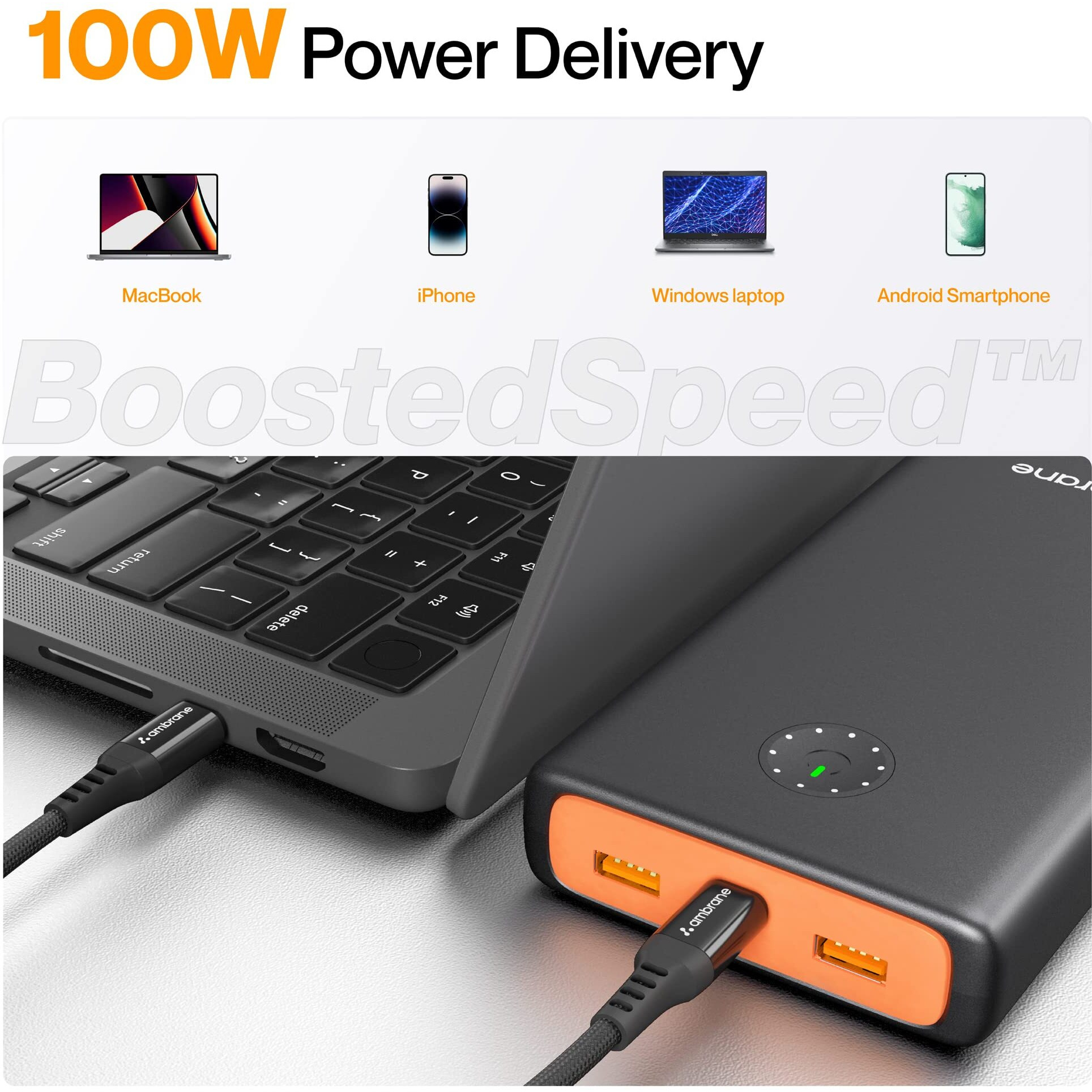 Ambrane 100W Fast Charging Powerbank for MacBook, Type C Laptop & Mobile Charging, 25,000mAh Battery, Triple Output, Power Delivery & Quick Charge (Powerlit Ultra, Black)