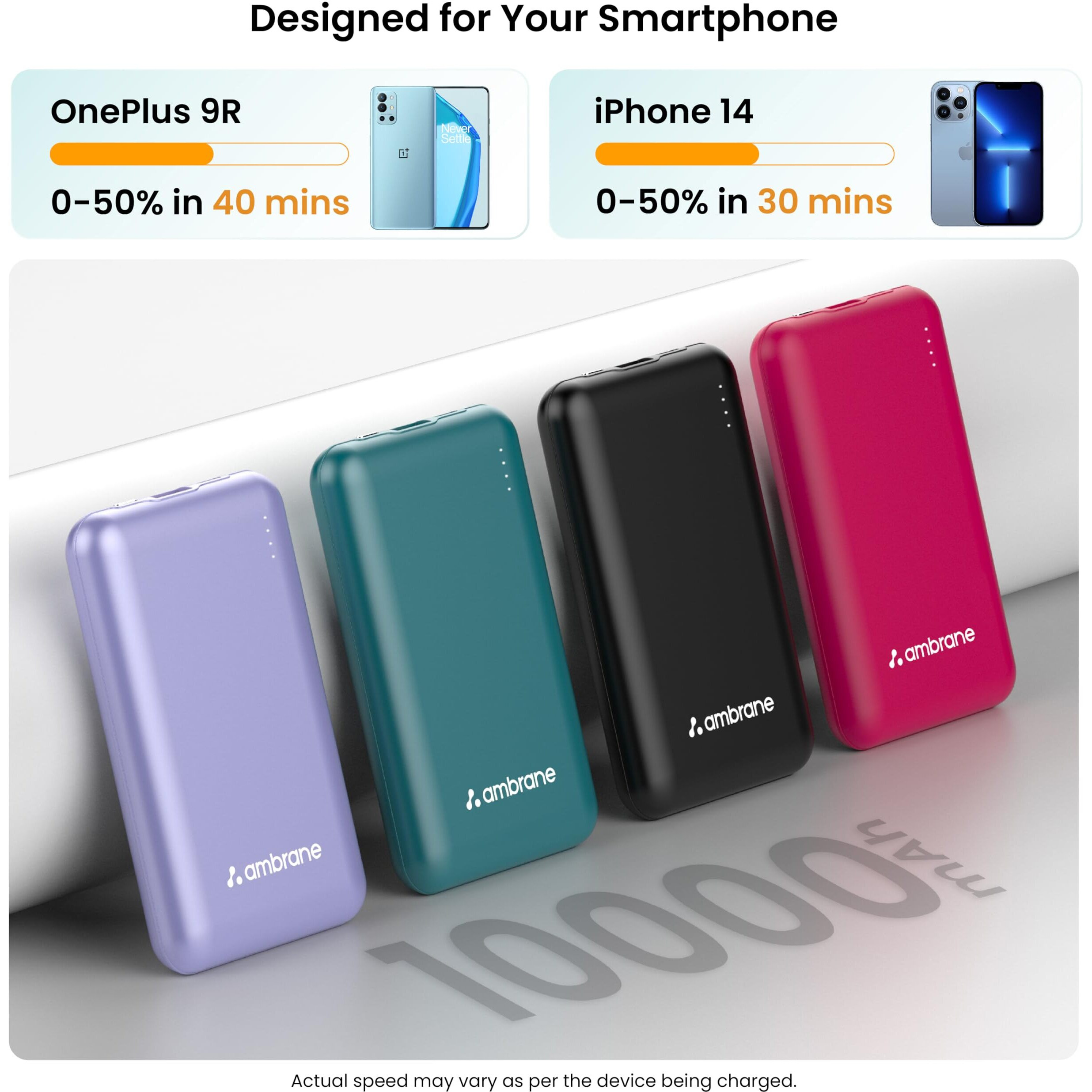 Ambrane 10000mAh Slimmest & Compact (Pocket/Bag Friendly) Powerbank, 22.5W Fast Charging, USB & Type C Output, Power Delivery, Quick Charge for iPhone, Android & Other Devices (Powerlit, Purple)