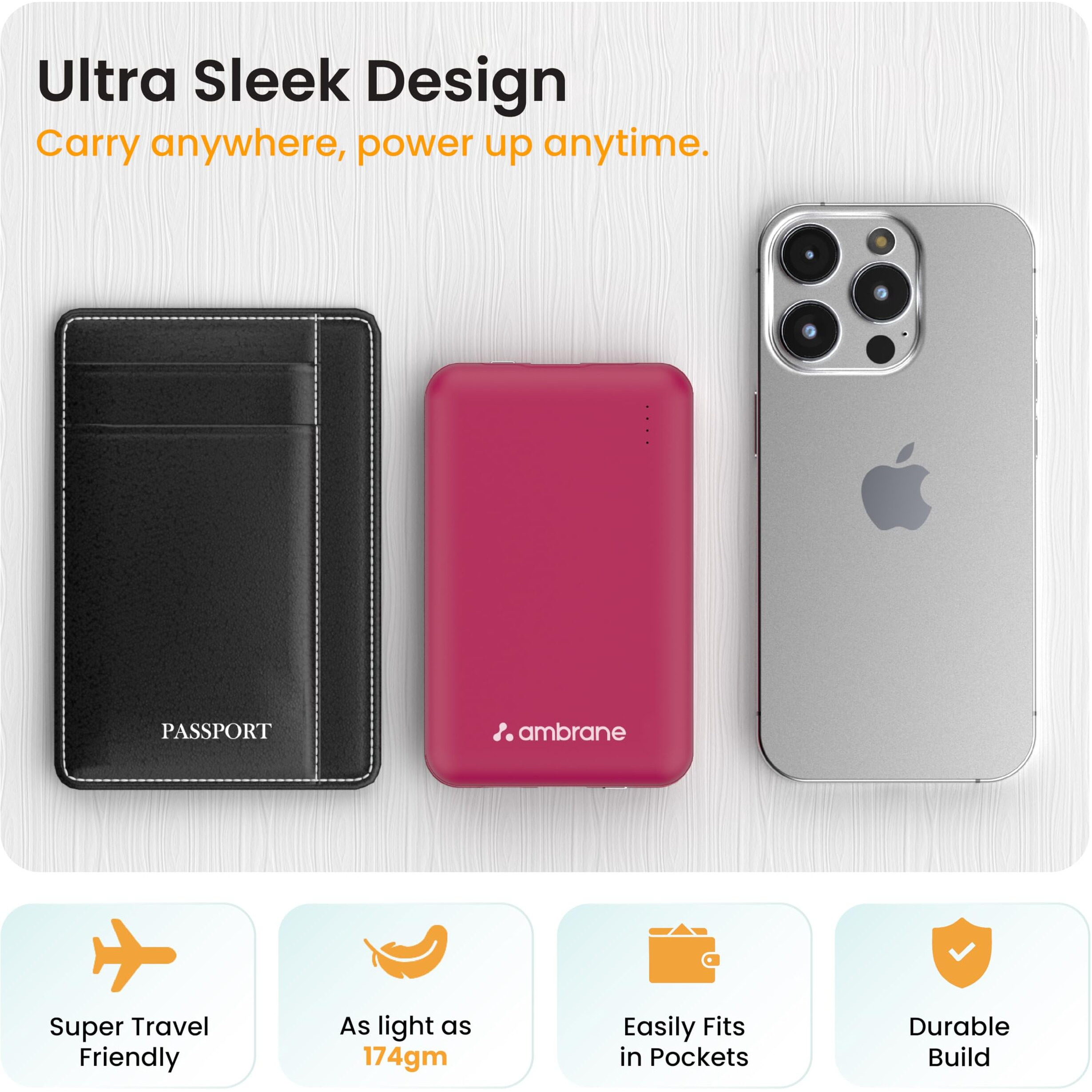 Ambrane 10000mAh Slimmest & Compact (Pocket/Bag Friendly) Powerbank, 22.5W Fast Charging, USB & Type C Output, Power Delivery, Quick Charge for iPhone, Android & Other Devices (Powerlit, Purple)