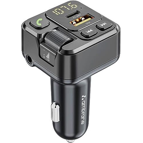 Ambrane Bluetooth FM Transmitter in Car Radio Adapter for Hands-Free Calling, Type-C (30W) PD Technology & USB-A (12W) Dual Ports, Fast Charger, Music Streaming, Supports All Smartphone (Car Connect)