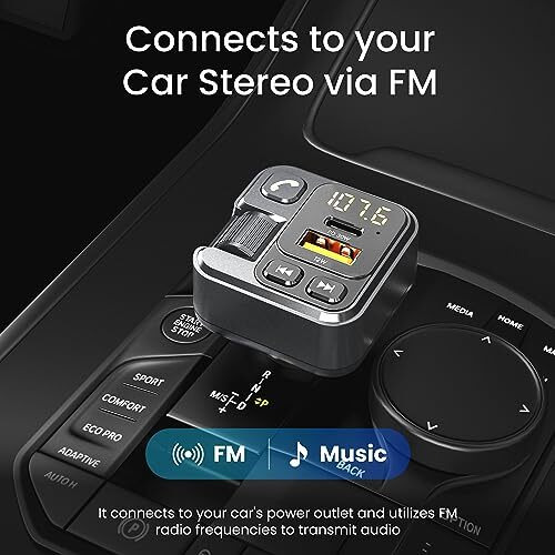 Ambrane Bluetooth FM Transmitter in Car Radio Adapter for Hands-Free Calling, Type-C (30W) PD Technology & USB-A (12W) Dual Ports, Fast Charger, Music Streaming, Supports All Smartphone (Car Connect)