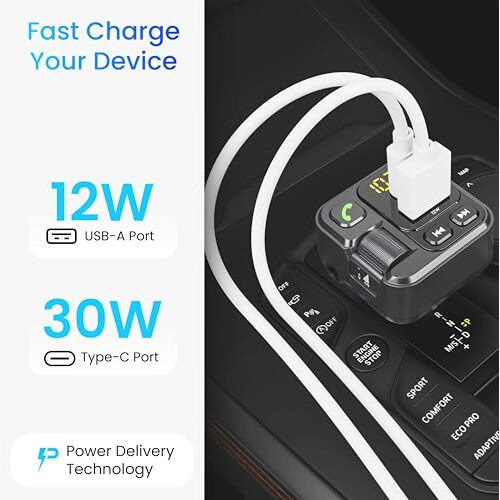 Ambrane Bluetooth FM Transmitter in Car Radio Adapter for Hands-Free Calling, Type-C (30W) PD Technology & USB-A (12W) Dual Ports, Fast Charger, Music Streaming, Supports All Smartphone (Car Connect)