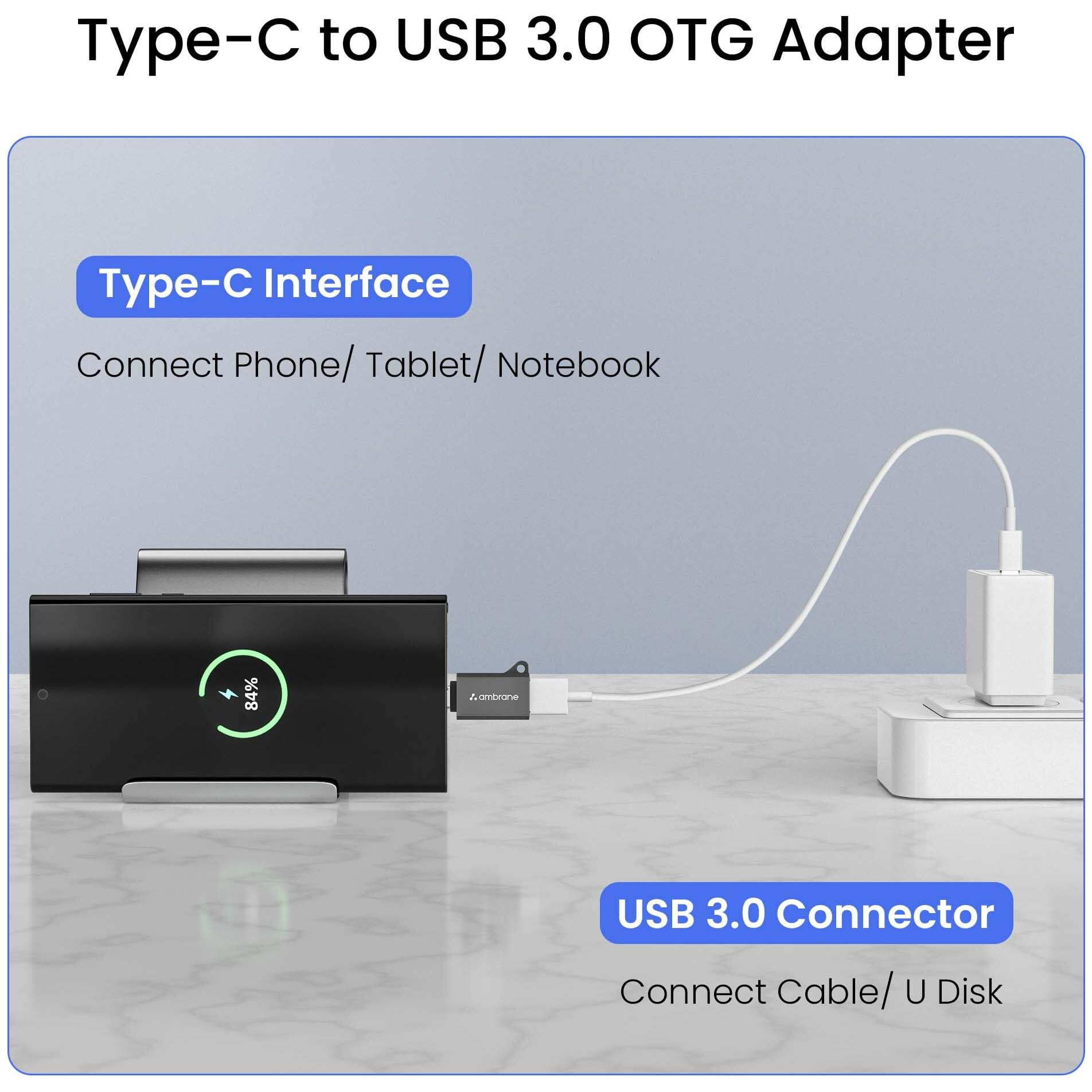 Ambrane USB Type C Male to USB Female OTG Adapter, Compatible with MacBook Pro/Air, Galaxy S20 S20+ Ultra Note 10 S9 S8 and All Type-C Devices,Portable and High-Speed Data Transfer