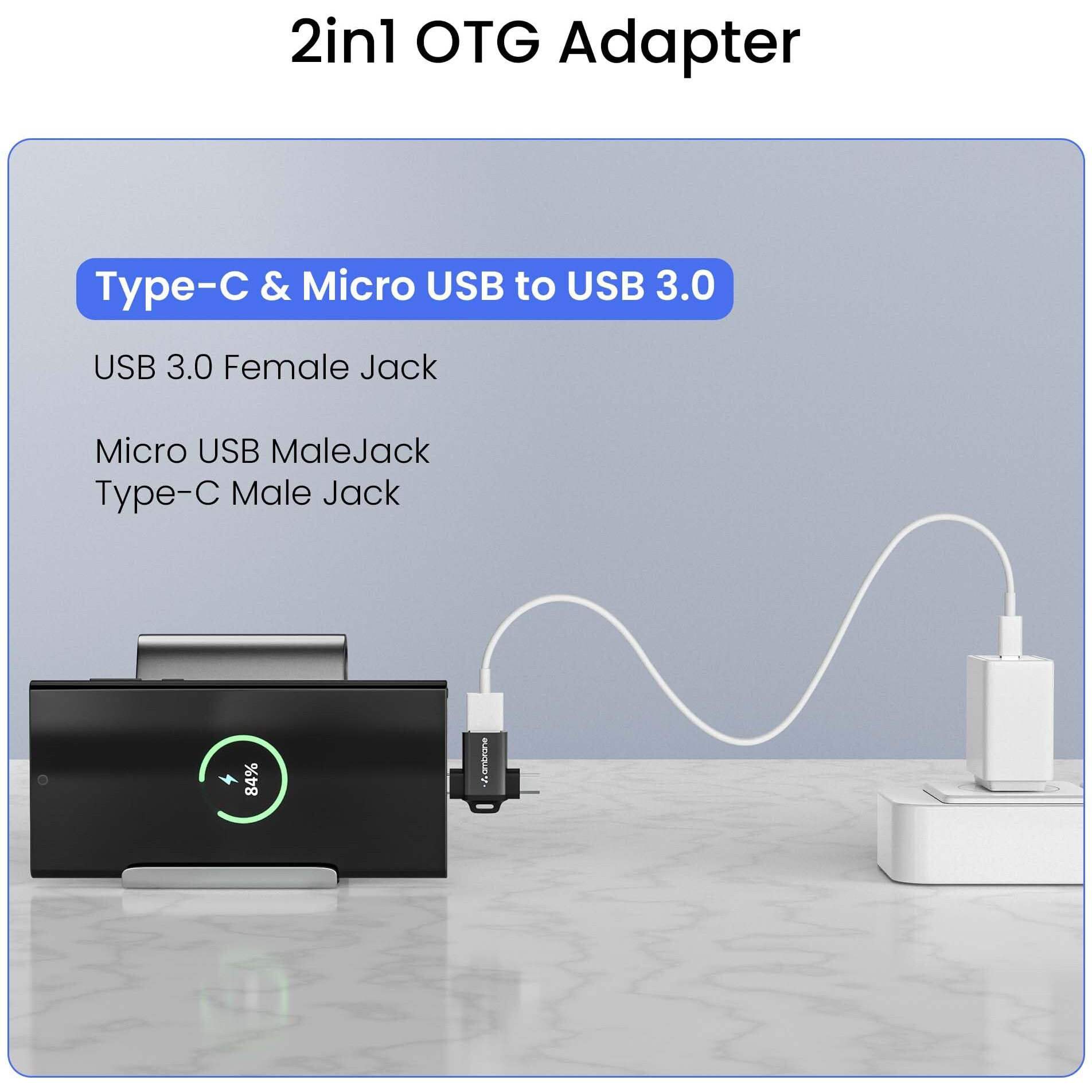 Ambrane 2 in 1 OTG Adapter Micro USB+USB Type C to USB Female Connector, OTG Pen Drive Adapter to Mobile Connector Type C, Compatible with All Devices