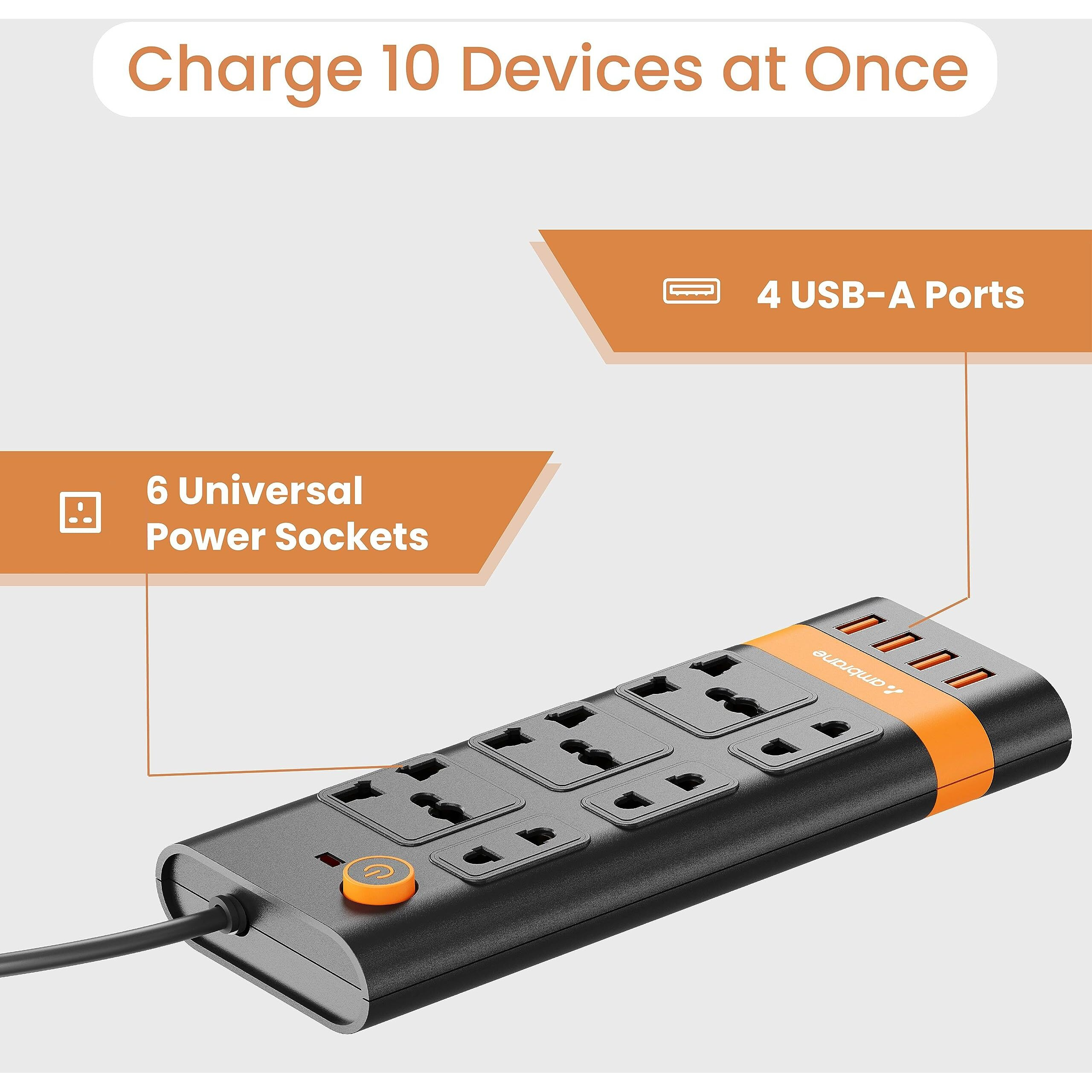 Ambrane Extension Board, 10 Ports with 4 USB Ports + 6 Power Sockets Smart Electric Surge Protector Multi Plug with 2500W, 3Mtr Cord Length, 2.1A USB Output (Smartstrip, Black)