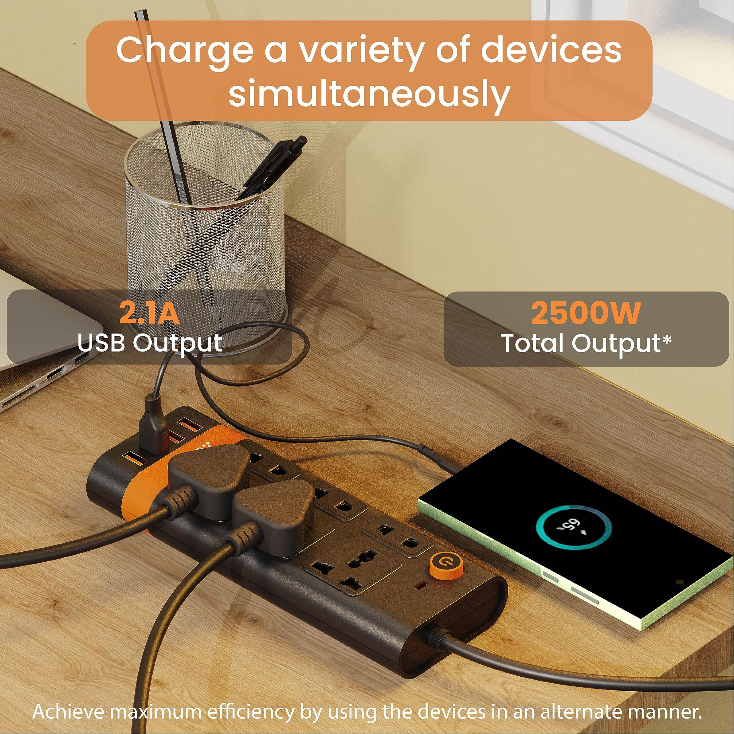Ambrane Extension Board, 10 Ports with 4 USB Ports + 6 Power Sockets Smart Electric Surge Protector Multi Plug with 2500W, 3Mtr Cord Length, 2.1A USB Output (Smartstrip, Black)