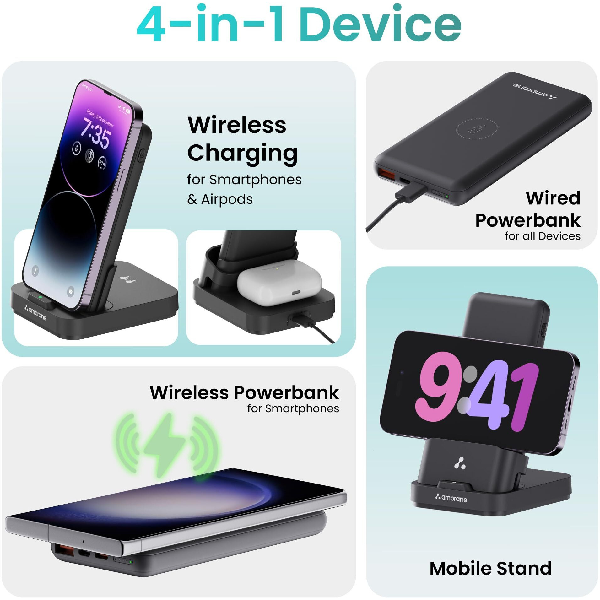 Ambrane 4 in 1 Wireless Charging 10000mAh Power Bank 15W Fast Charging, USB & Type C Output, Power Delivery, Quick Charge for iPhone, Android & Other Devices (Aerosync Quad, Black)