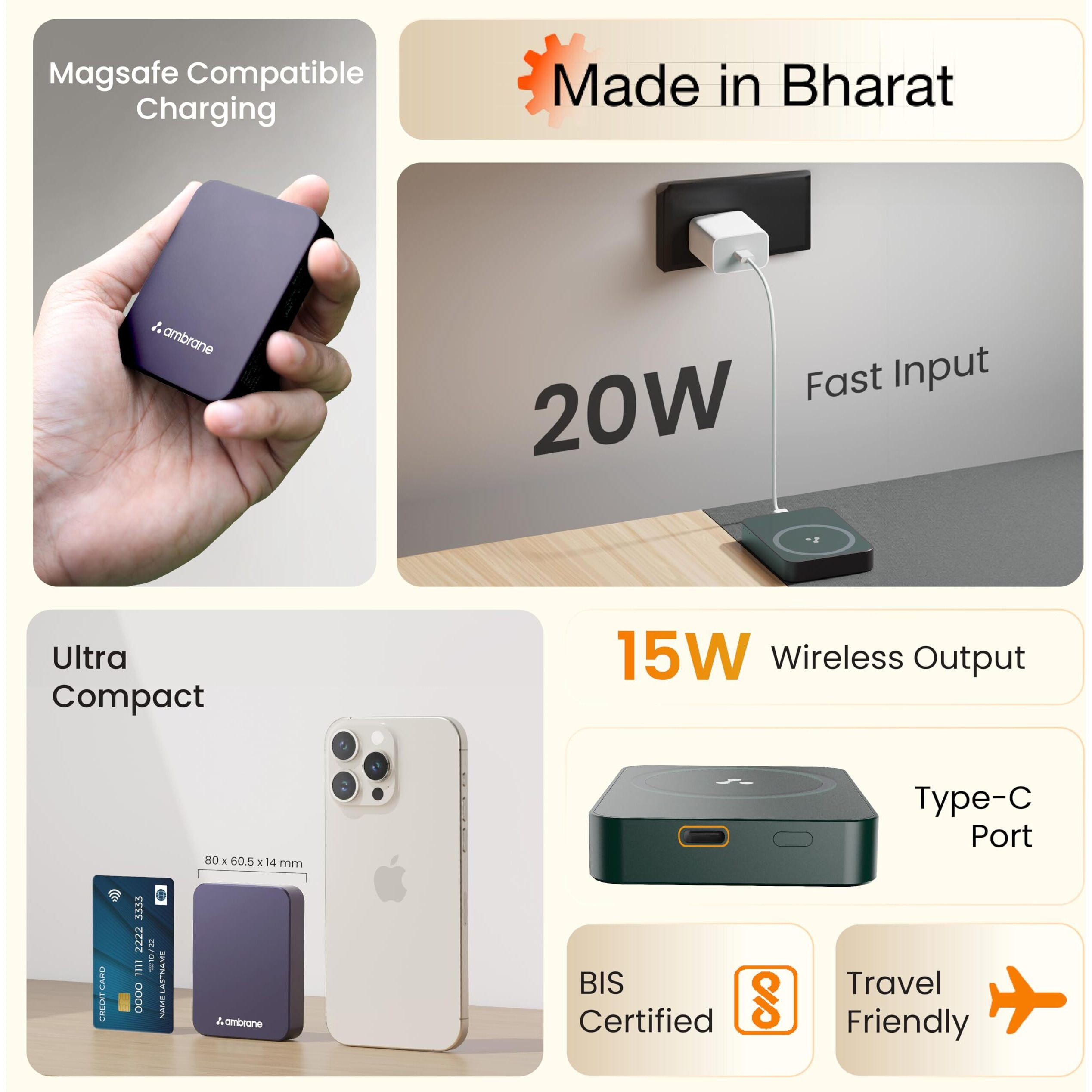 Ambrane 5000mAh Mini MagSafe Wireless Power Bank | 15W Fast Charging | Strong Magnetic Hold | Ultra-Slim | 20W Wired Charging | Compatible with iPhone 15, 14, 13, 12 Series (Aerosync PB5, Purple)