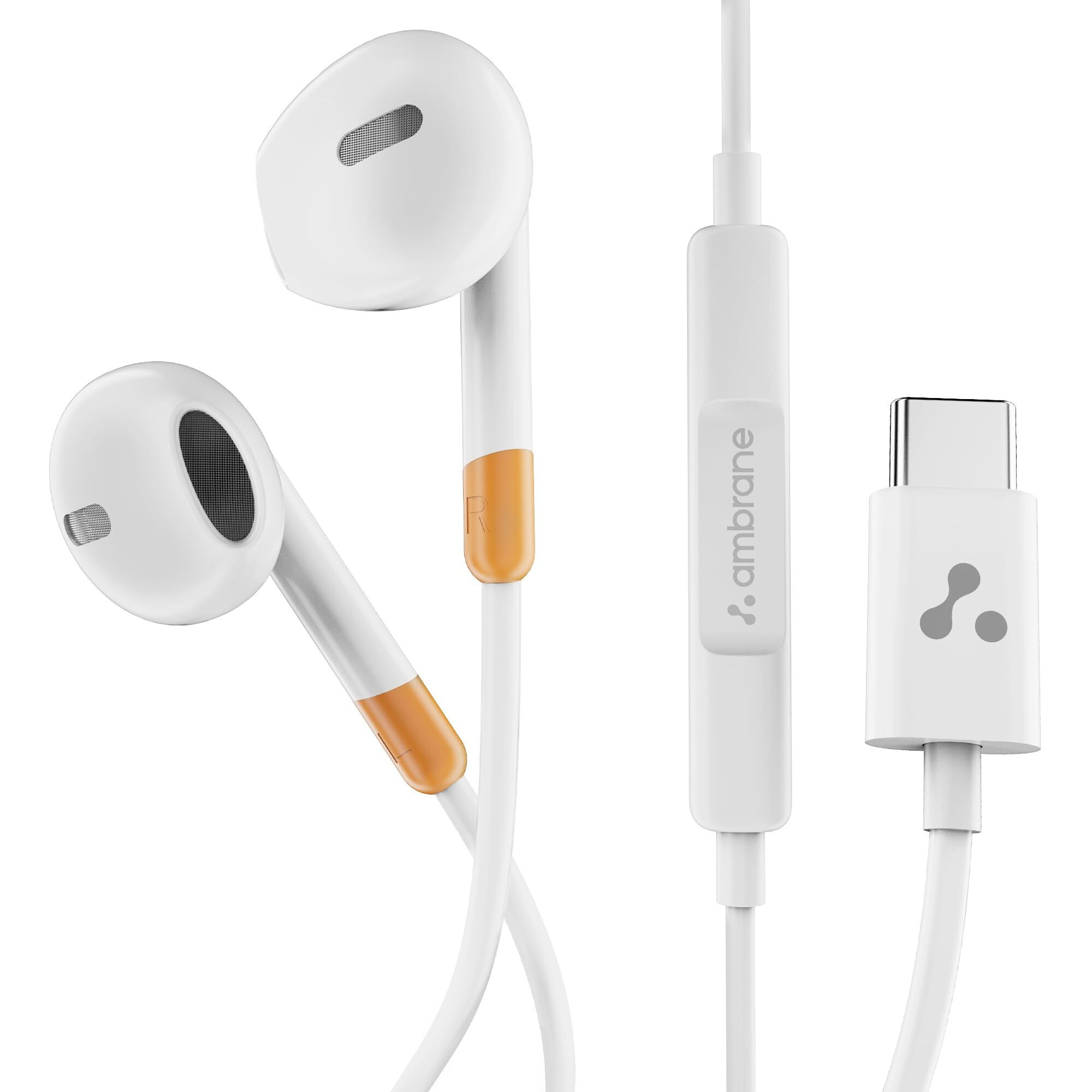 Ambrane Wired Type C in Ear Earphones with in-line Mic for Clear Calling, 1.2M Cable, 14mm Dynamic Drivers for BoostedBass, Multi-Functional Controller for Type C Enabled Mobiles (Stringz 02, White)