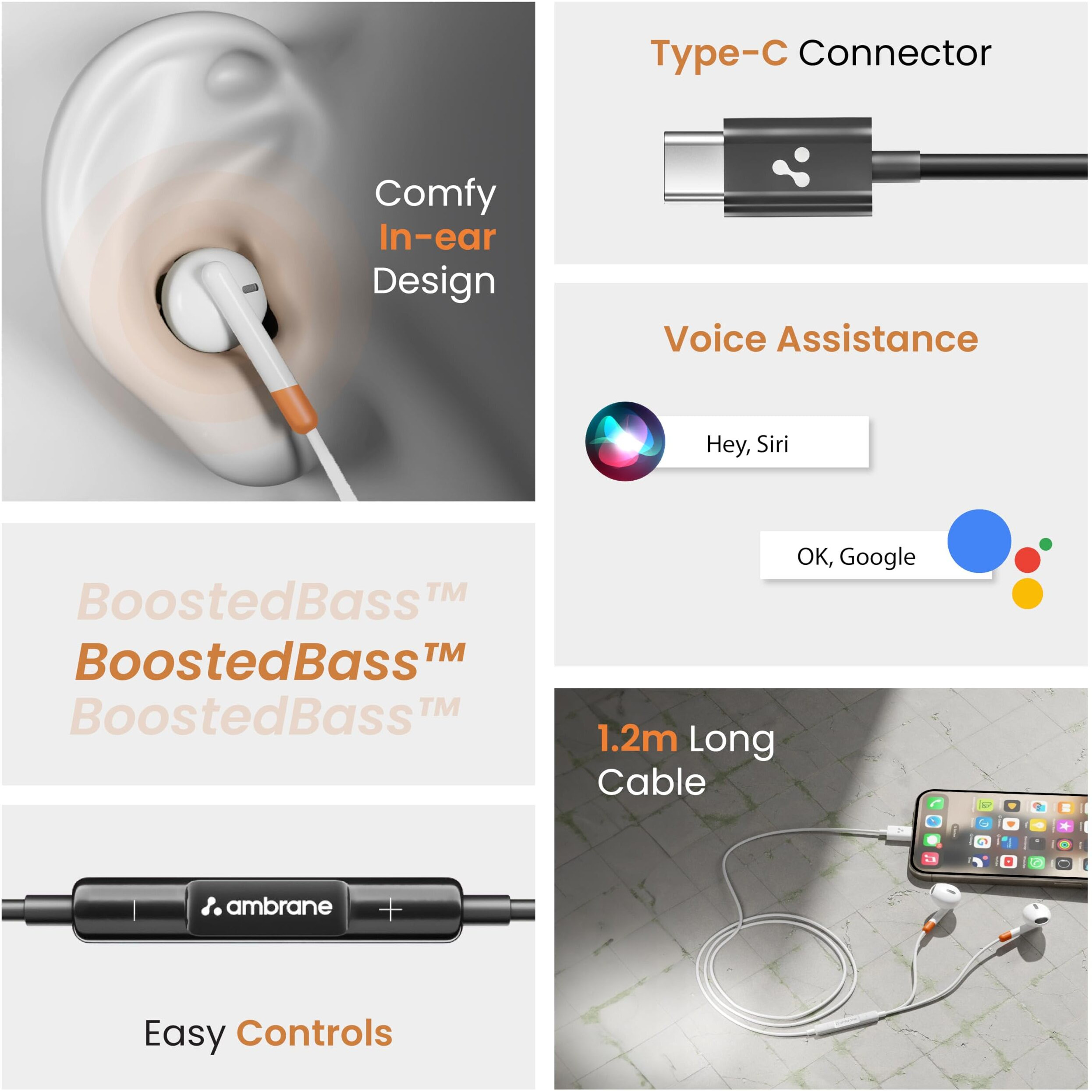 Ambrane Wired Type C in Ear Earphones with in-line Mic for Clear Calling, 1.2M Cable, 14mm Dynamic Drivers for BoostedBass, Multi-Functional Controller for Type C Enabled Mobiles (Stringz 02, White)