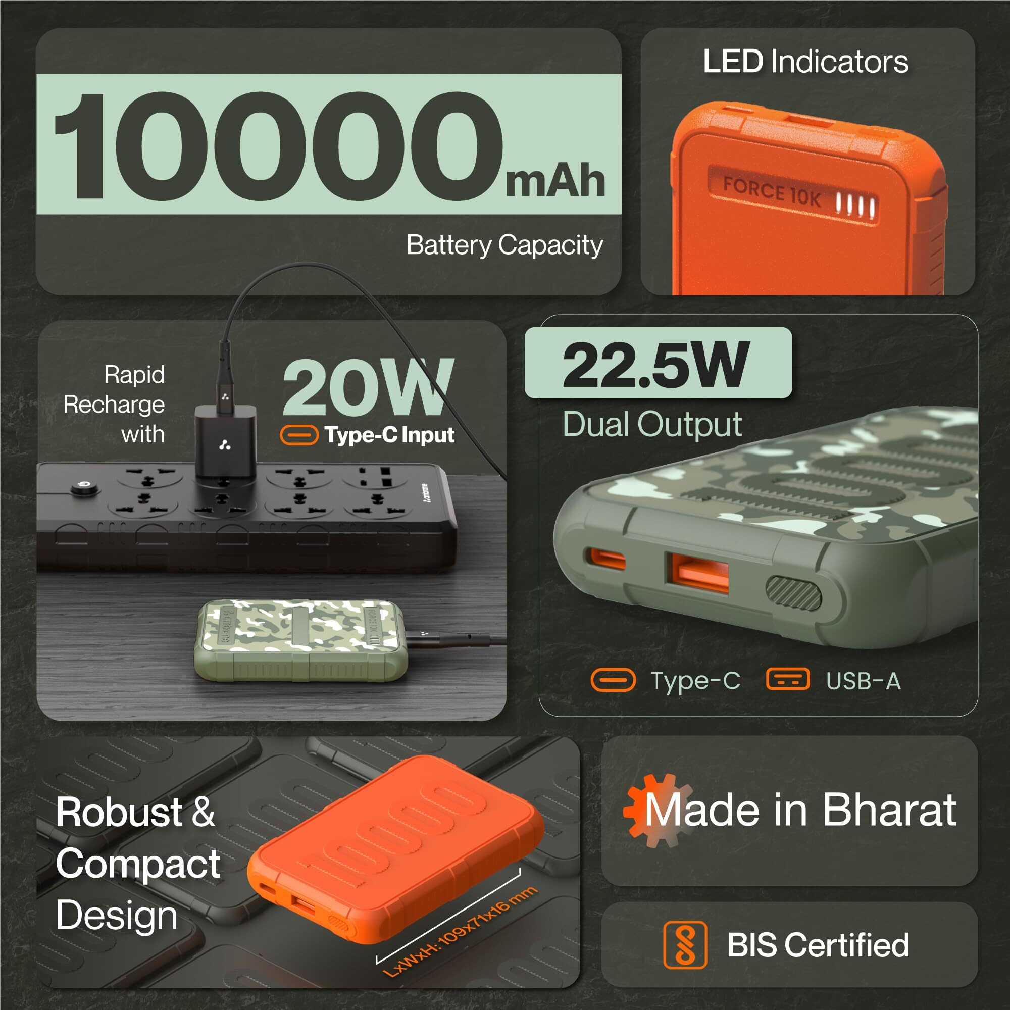 Ambrane 10000mAh Rugged, Slim & Compact Powerbank, 22.5W Fast Charging, USB & Type C Output, Power Delivery, Quick Charge for iPhone, Android & Other Devices (Force 10k, Orange)