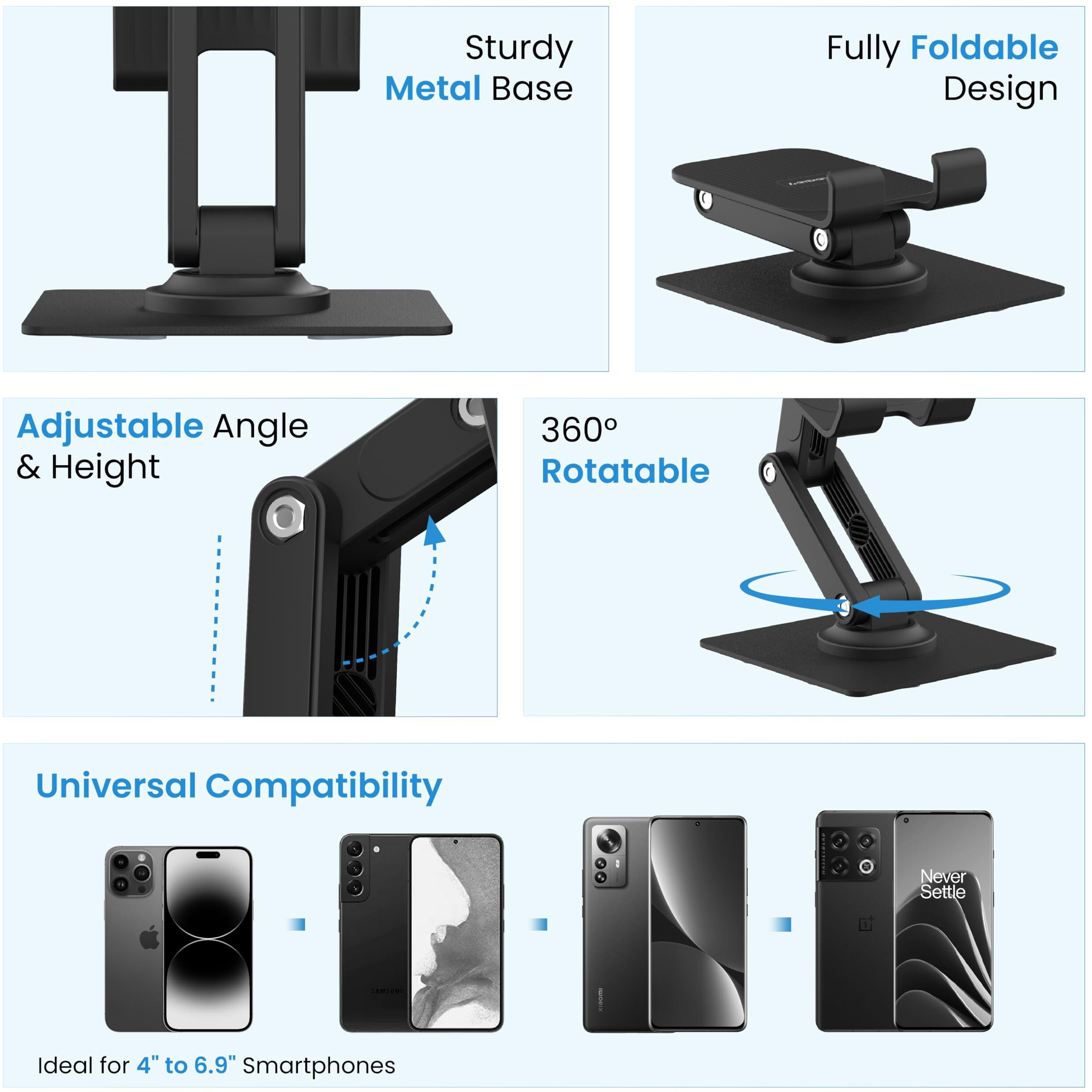 Ambrane 360 Rotation, Foldable Design Mobile Stand with Stable Metalic Round Base, Multiple Height & Angle adjustments Compatible with Smartphones, Tablets, Kindles & iPad (Twistand 360, Black)