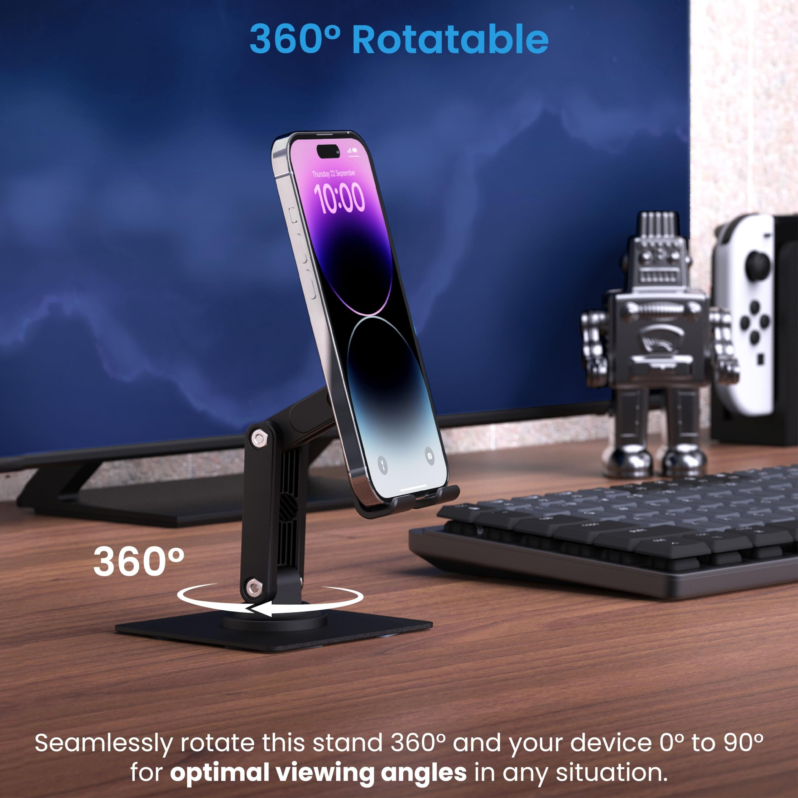 Ambrane 360 Rotation, Foldable Design Mobile Stand with Stable Metalic Round Base, Multiple Height & Angle adjustments Compatible with Smartphones, Tablets, Kindles & iPad (Twistand 360, Black)