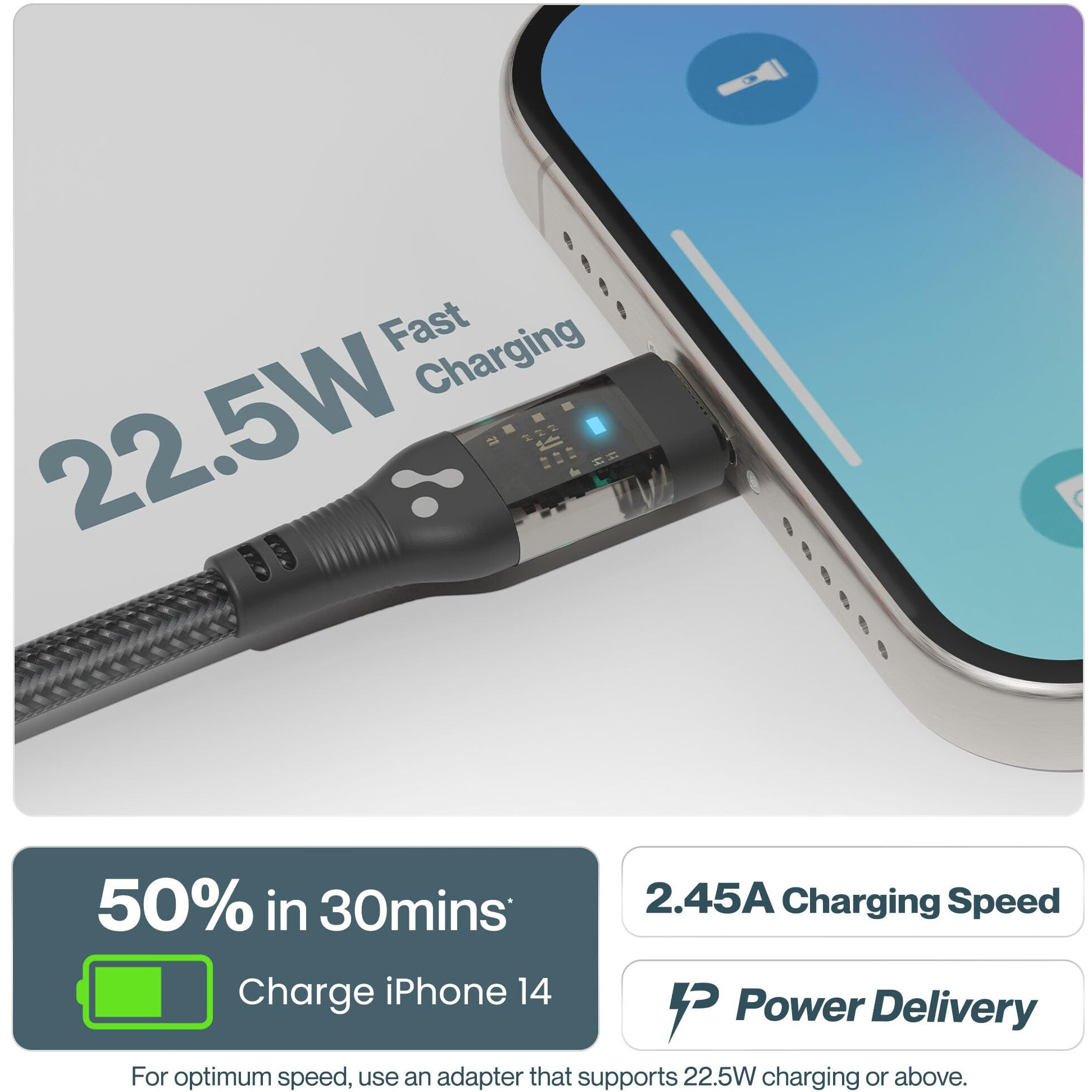 Ambrane Type-C to Lightning iPhone Cable, 22.5W Fast Charging, 480Mbps Data Sync & Car AirPlay, LED Indicator, Compatible with iPhone 14/13/12/11/10/8/7/6/6, iPad, AirPods 1.2m (ABTL-12T, Black)