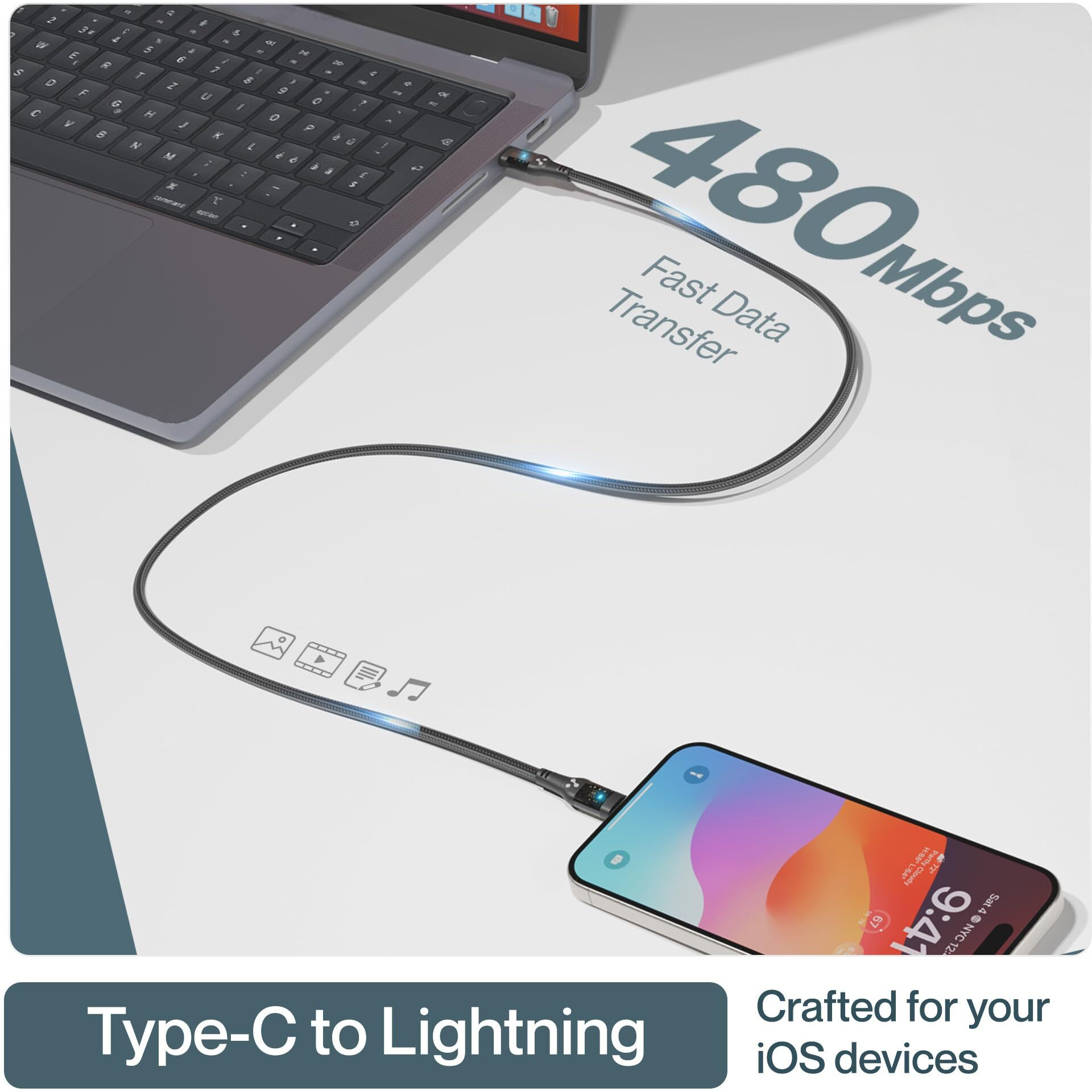 Ambrane Type-C to Lightning iPhone Cable, 22.5W Fast Charging, 480Mbps Data Sync & Car AirPlay, LED Indicator, Compatible with iPhone 14/13/12/11/10/8/7/6/6, iPad, AirPods 1.2m (ABTL-12T, Black)