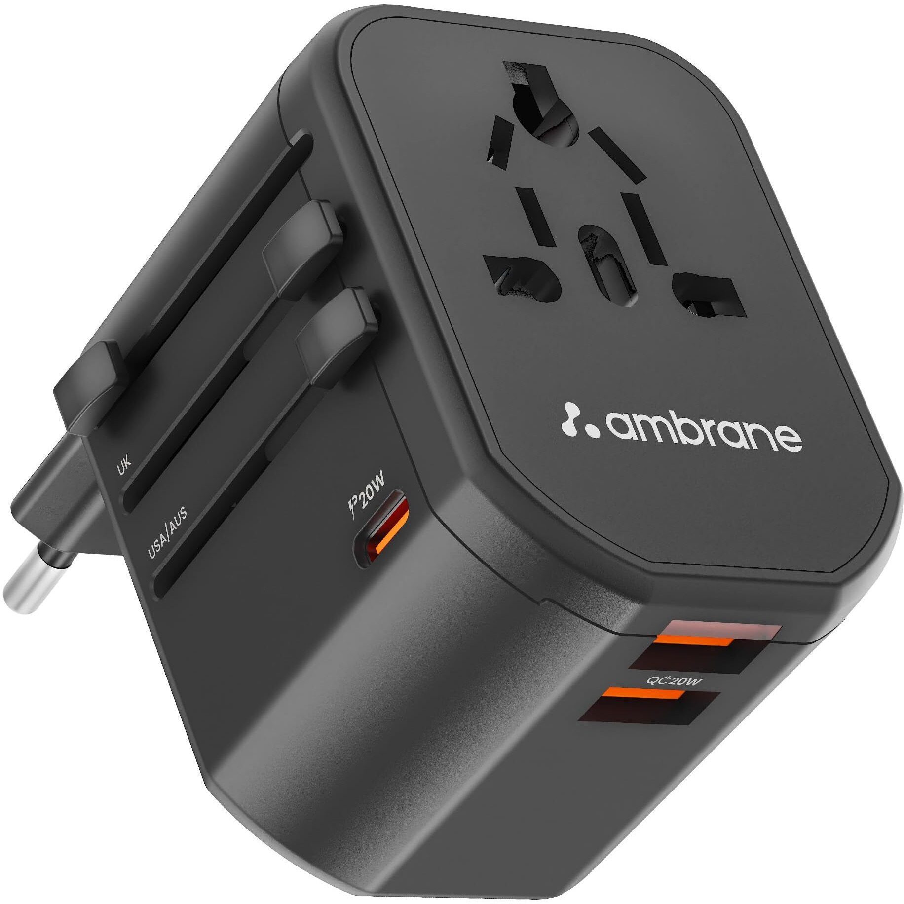 Ambrane Universal Travel Adapter, 4 in 1 Fast Charging 1 Type C (20W), 2 USB (20W) & 1 AC Socket (880W) with 3 Removable pins for EU, UK and USA/AUS and Other Countries for Modern Travel (ATA-01)