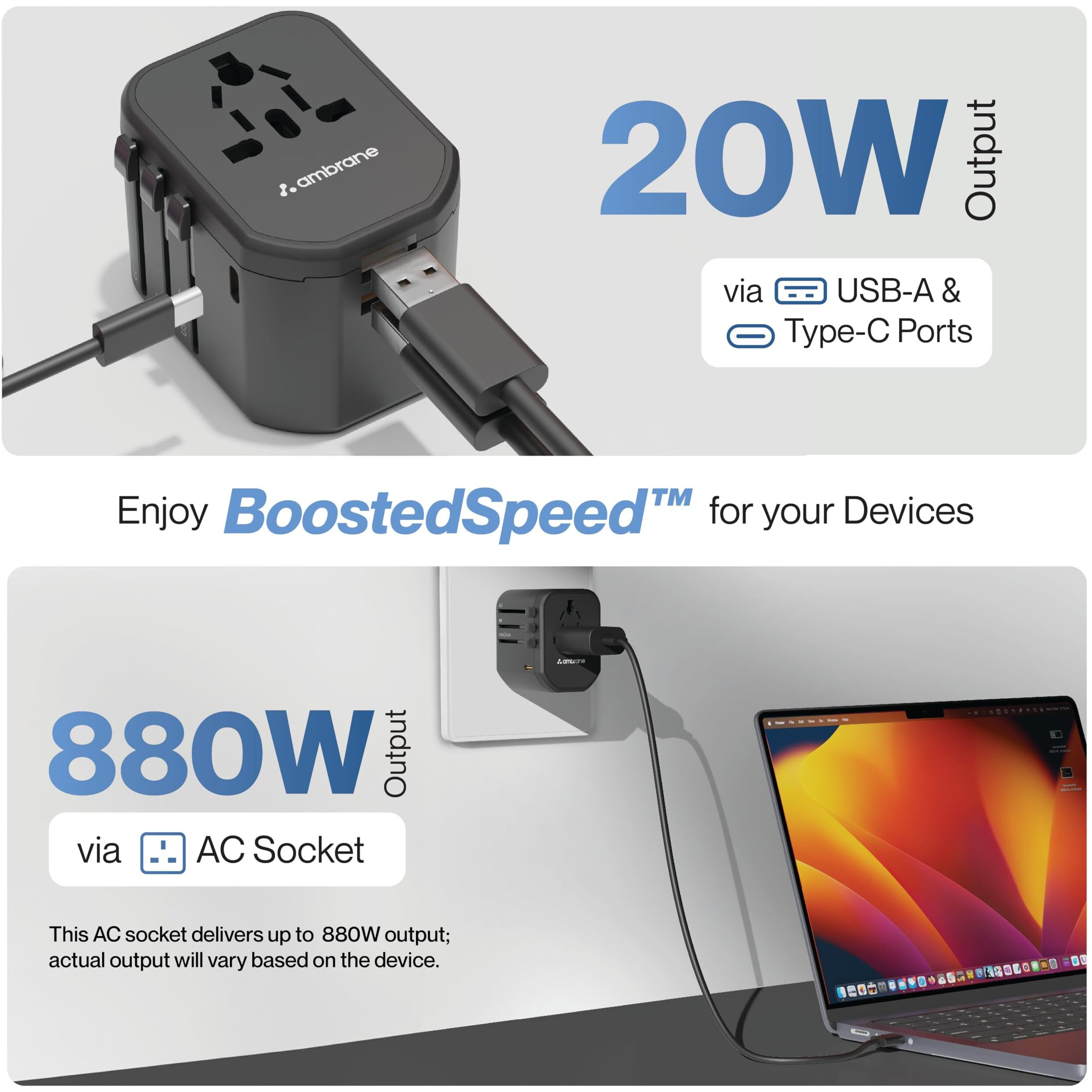 Ambrane Universal Travel Adapter, 4 in 1 Fast Charging 1 Type C (20W), 2 USB (20W) & 1 AC Socket (880W) with 3 Removable pins for EU, UK and USA/AUS and Other Countries for Modern Travel (ATA-01)