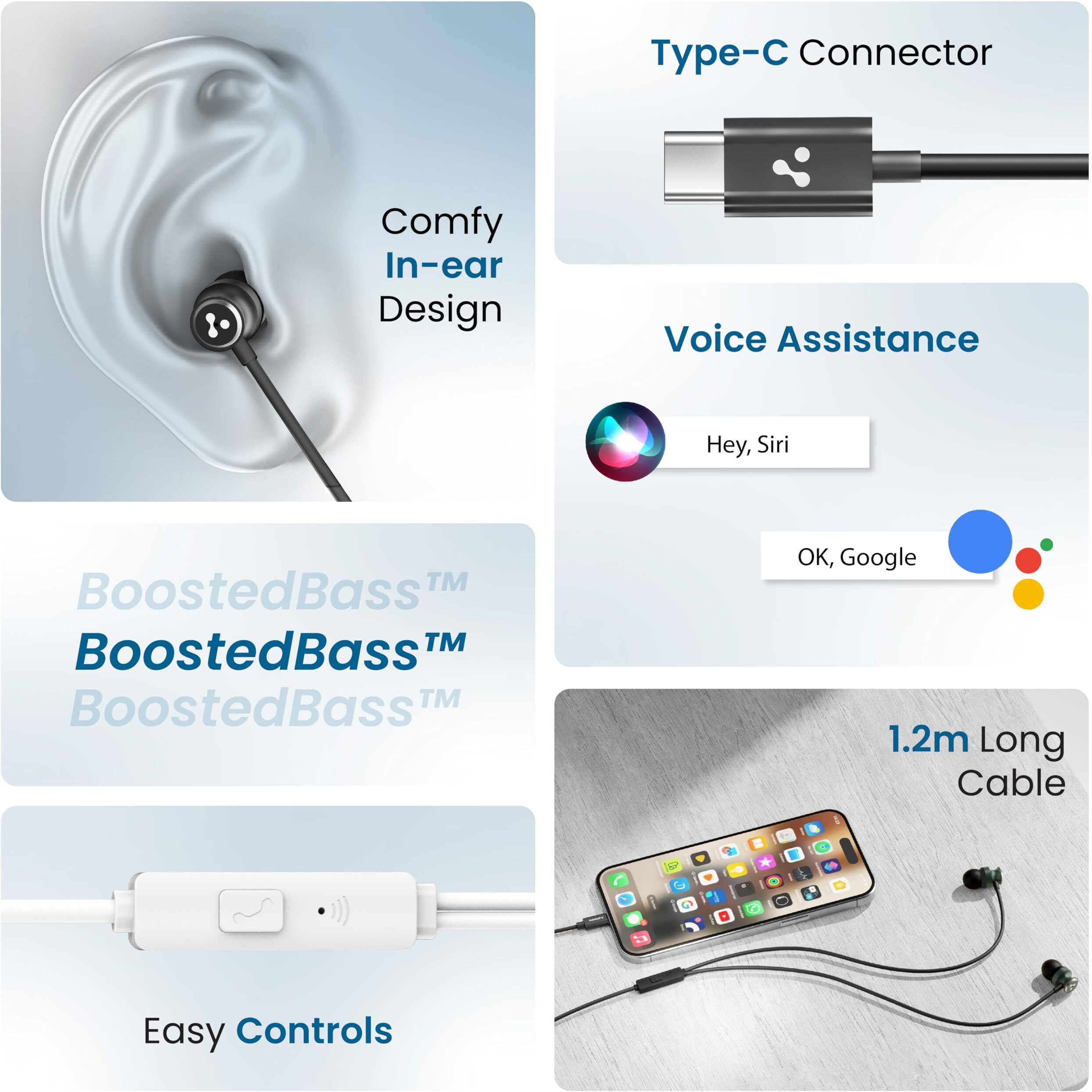 Ambrane Type-C Wired Earphones, 10Mm Bass Drivers, Inline Controls for Type C Smartphones, iPhone 15 & Laptop, 1.2M Braided Anti Tangle Wire with Mic for Clear Calling (Stringz 03, White) - in Ear